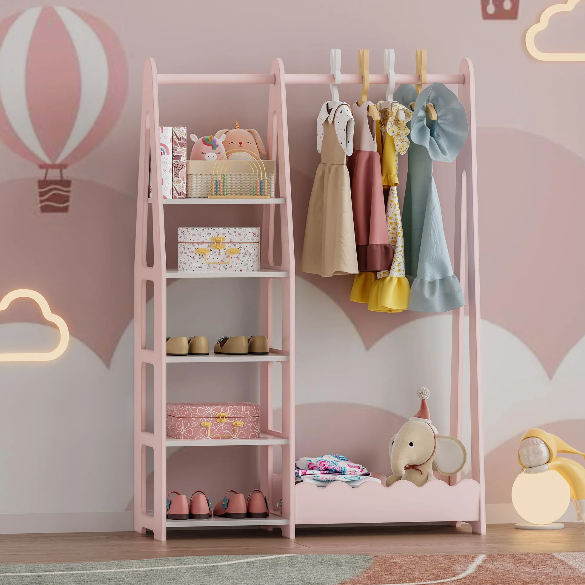 [en.casa] Kindergarderobe stehend Vestnes Kinder Kleiderschrank mit Kleiderstange 114 x 77 x 30 cm Kleiderständer mit Regal Wellendesign Cotton Candy/Weiß