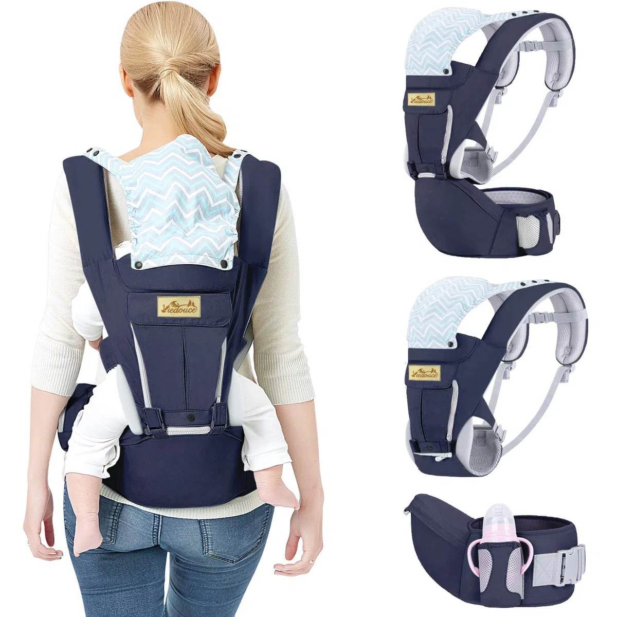 Viedouce Babytrage Ergonomische mit Hüftsitz/Reine Baumwolle Leicht und atmungsaktiv/Multiposition:Dorsal, Ventral, Einstellbar für Neugeborene und Kleinkinder von 3-48 Monate (3,5 bis 20 kg)