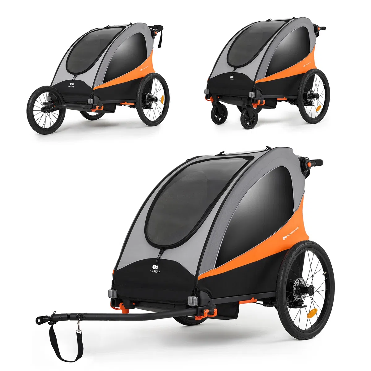 Kinderkraft NAVA 3in1, Kinderwagen, Laufwagen und Fahrradanhänger, für ein oder zwei Kinder (bis 44 kg), Sonnenschutz, zwei unabhängige Bremsen, Aluminiumrahmen, leicht zu falten,Orange
