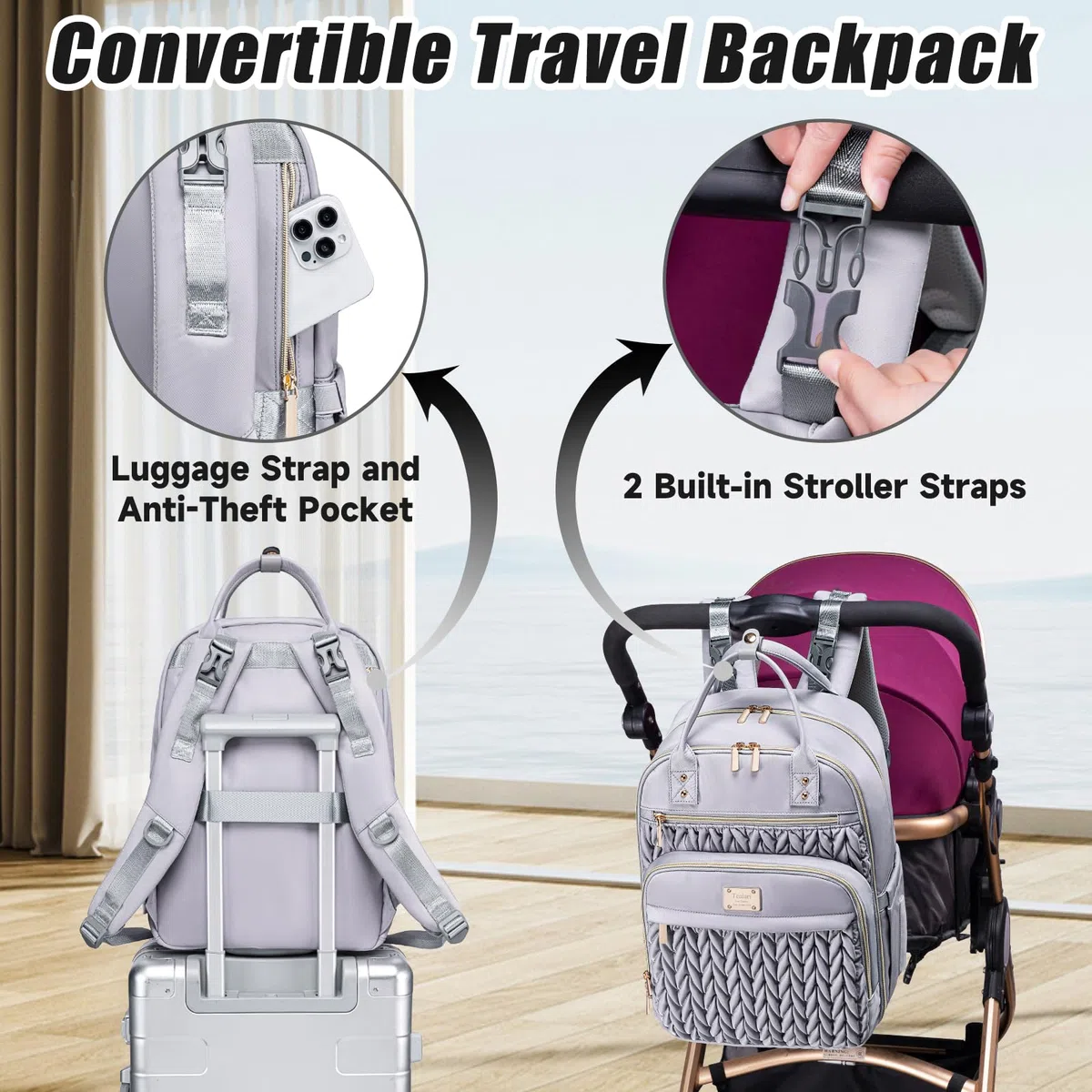 Tealari Wickeltaschen-Rucksack, stilvolle Baby-Wickeltasche, wasserdichter Reise-Wickelrucksack mit Wickelunterlage, Kinderwagengurten