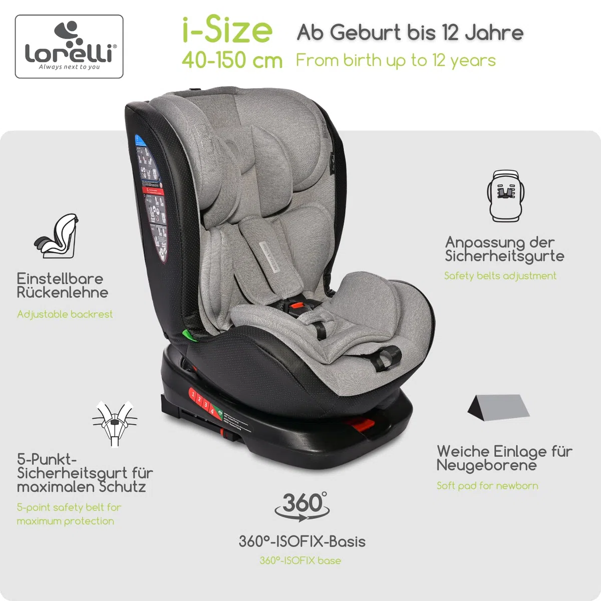 Lorelli Auto Kindersitz Nebula mit Isofix, 360 Grad drehbar, (0-36 kg) Mitwachsender Autositz i-Size 40-150cm - Gruppe 0+/1/2/3, Babysitz ab Geburt, 5-Punkt-Gurt, Einstellbare Kopfstütze, grau