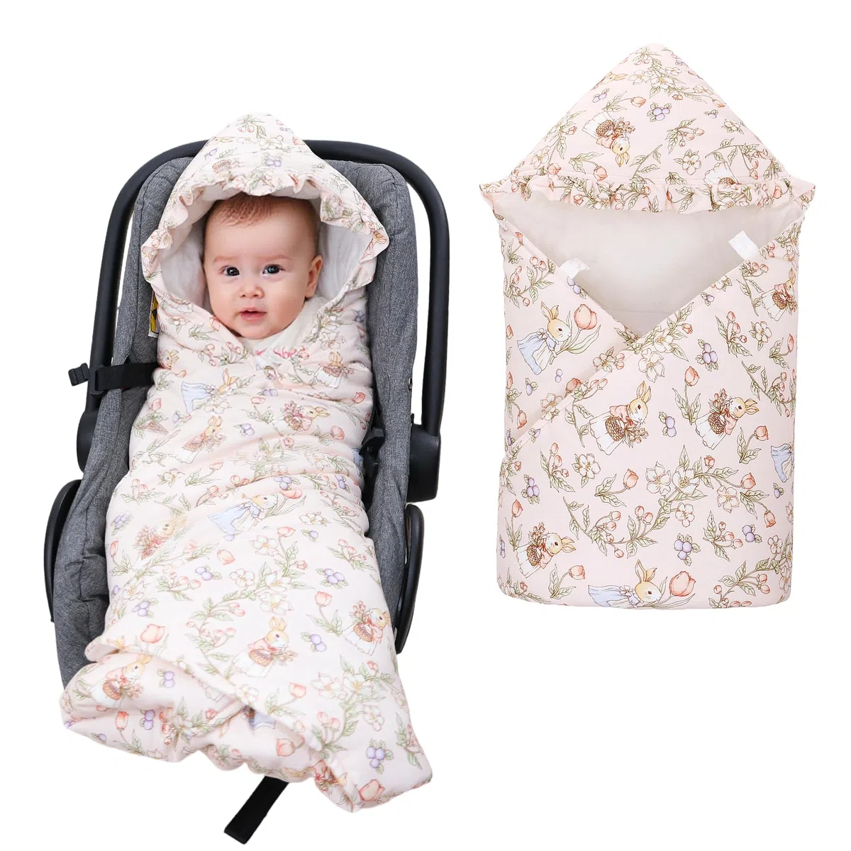 LAT Einschlagdecke für Babyschale, 90 * 90CM Universal Babydecke für Neugeborene, Kuscheldecke mit Kapuze Babydecke für Kinderwagen Buggy Autositz (Kaninchen und Blumen)