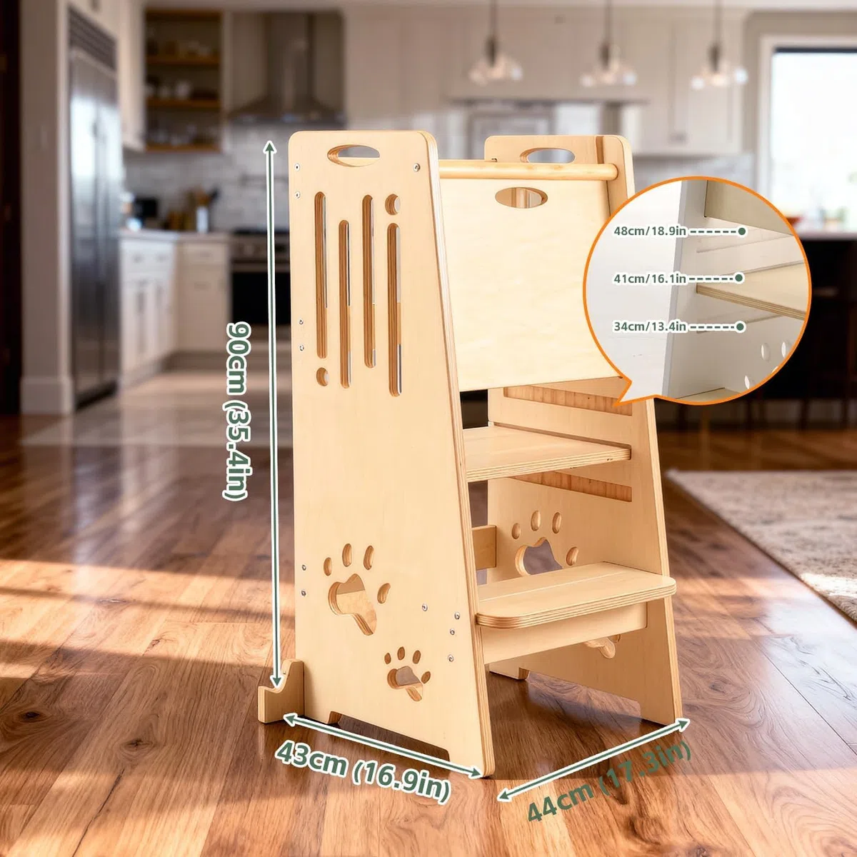 Kleinkind Tritthocker Kinderhocker, Höhenverstellbar (Naturfarbe) | Sicher & Stabiler Toddler Tower & Lernhocker ab 1 Jahr | Mit Sicherheitsbarriere, Kippschutz & Höhenverstellbar
