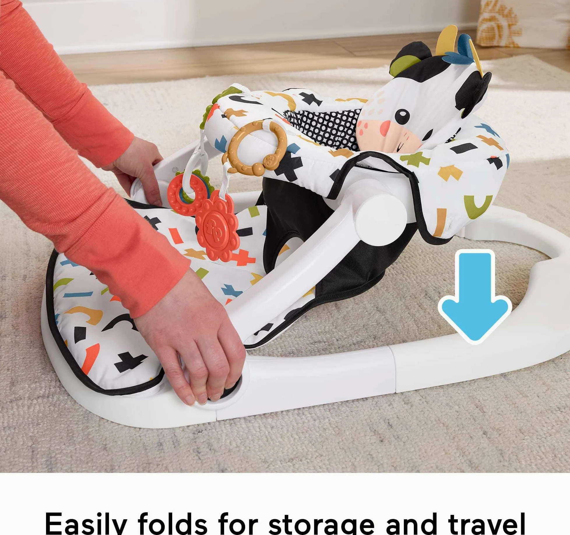 Fisher-Price Tragbarer Babystuhl, niedlicher Kuh-Sitz, Bodensitz mit BPA-freiem Beißring und Klacker, Entwicklungsspielzeug für Neugeborene