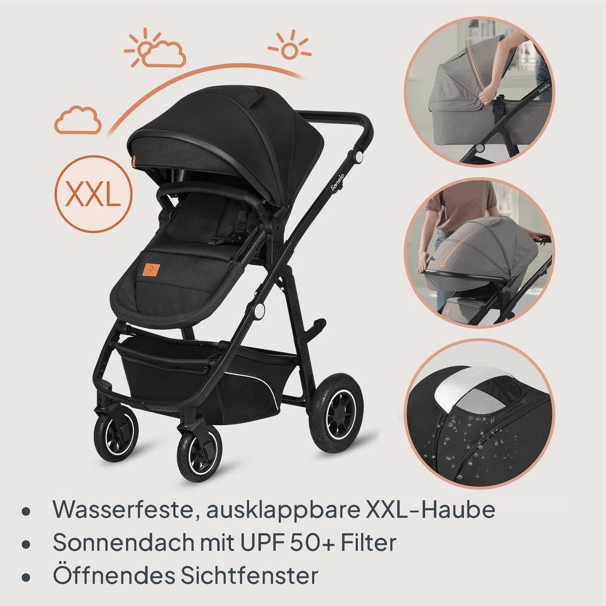 LIONELO BIANKA Kinderwagen 3 in 1 bis 22 kg Babywanne Autositz Reise-System Zusammenlegbar Stoßdämpfer Verdeck XXL