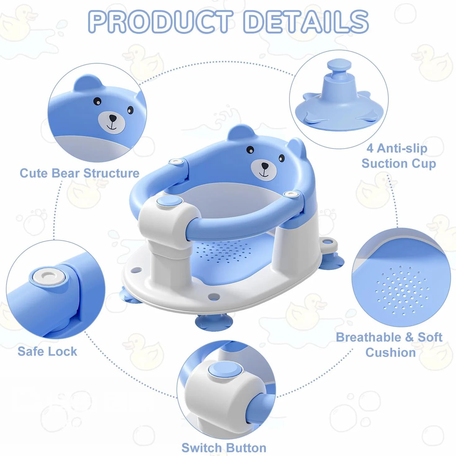Badewannensitz Baby ab 6 Monate, Bär Rutschfester Badesitz Baby mit 4 Saugnäpfen und Kissen für Kleinkinder und Neugeborene, Sicherer Tragbarer Badstuhl für Dusche oder Badewanne, Blau