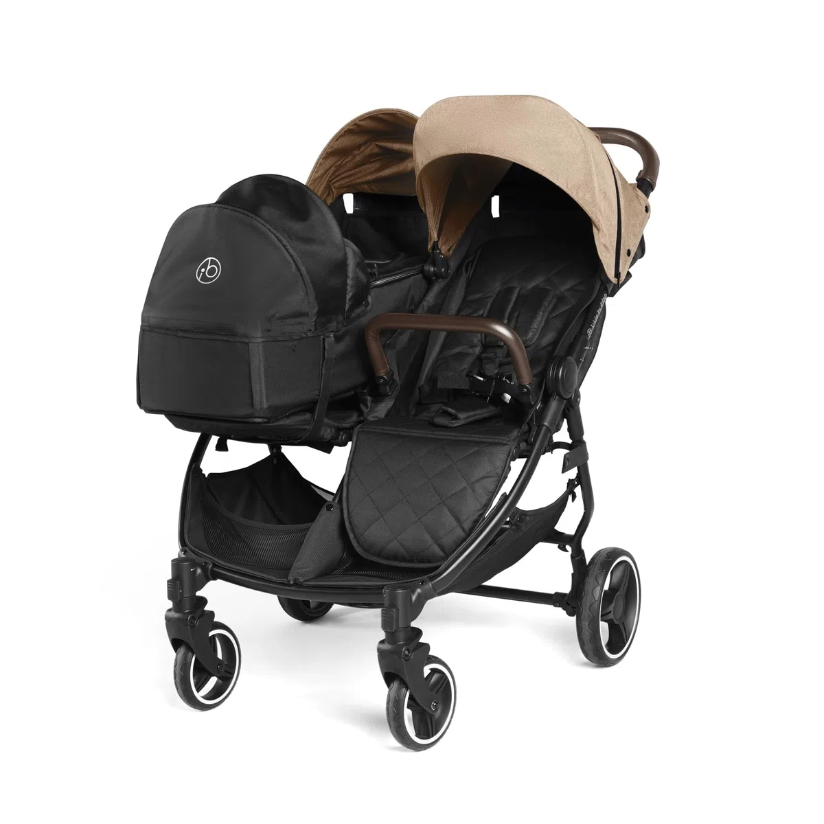 Ickle Bubba Venus Prime Doppelkinderwagen - geeignet von Geburt bis 15 kg (ca. 3 Jahre), leichter, faltbarer Zwillingskinderwagen mit Neugeborenenkokon, 2 Fußwärmern und Regenschutz (Biscuit)