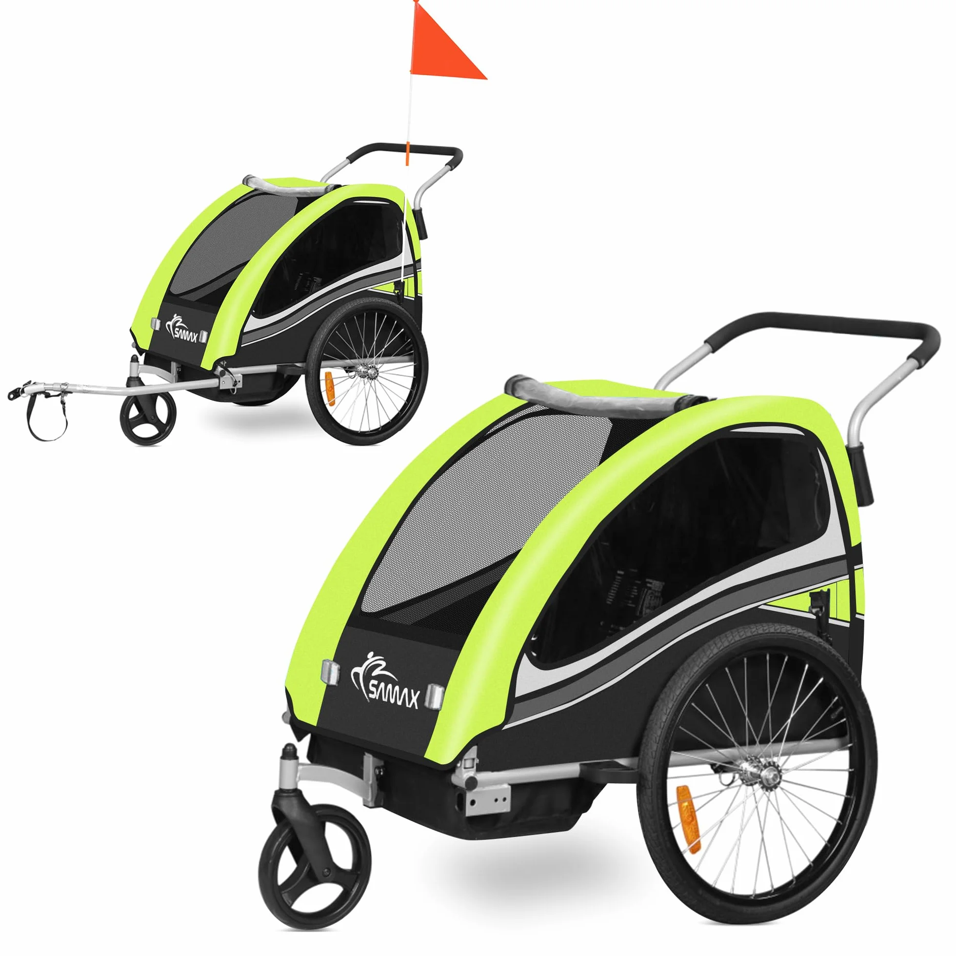 SAMAX Fahrradanhänger Jogger 2in1 360° drehbar Kinderanhänger Kinderfahrradanhänger Transportwagen für 2 Kinder - Black Edition