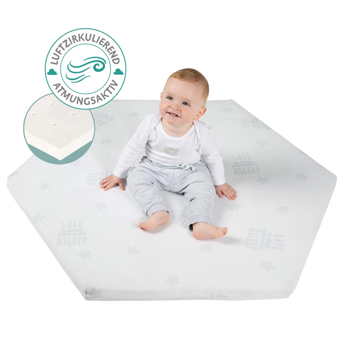 roba Laufgittermatratze 6 eckig - safe asleep - Baby Matratze für Laufgitter / Laufstall - Laufgittereinlage mit abnehmbarem Jacquard Bezug