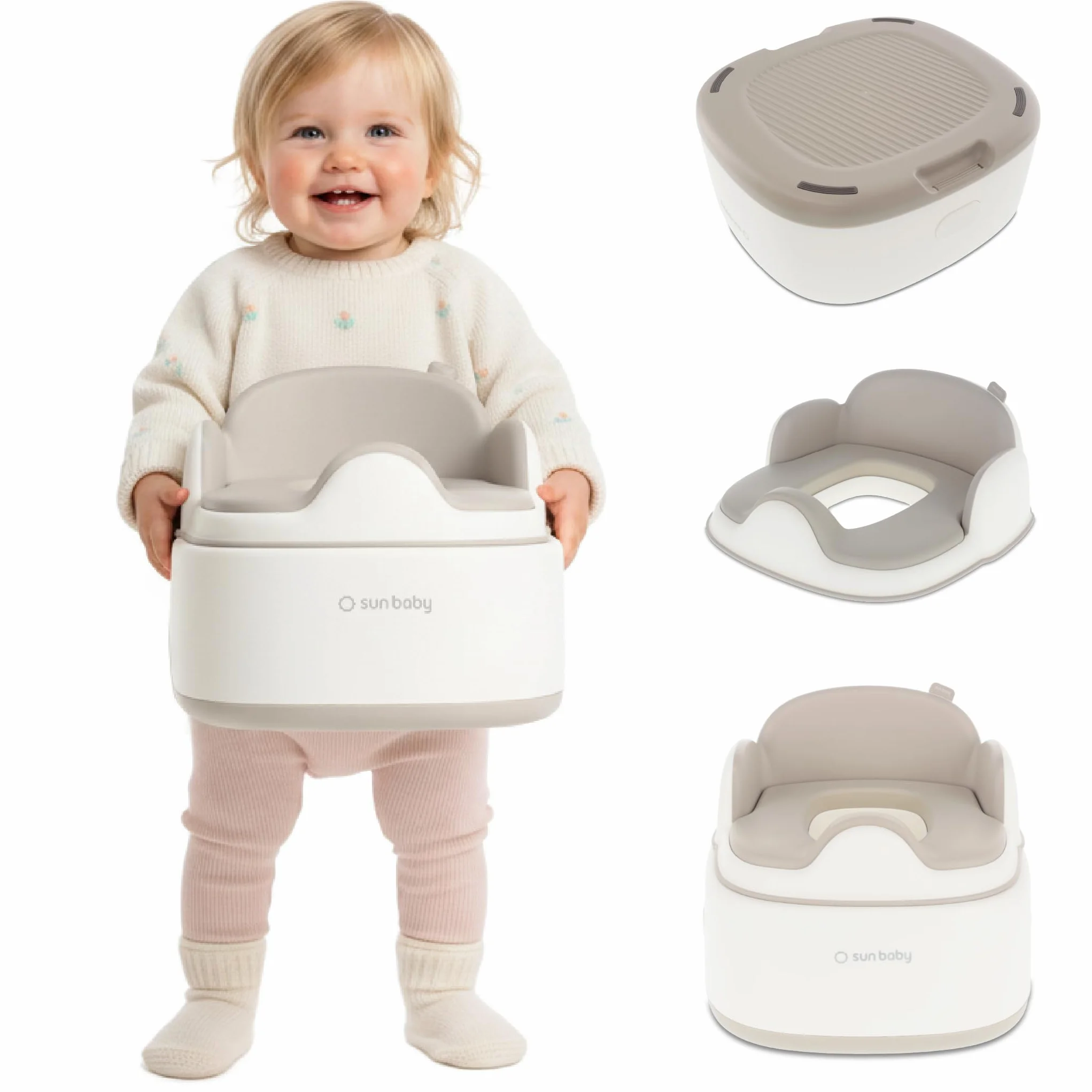 SUN BABY 3-in-1 Kids Potty 1-6 Years - White-Grey | Toilet seat, footstool, soft seat and hygienic lid