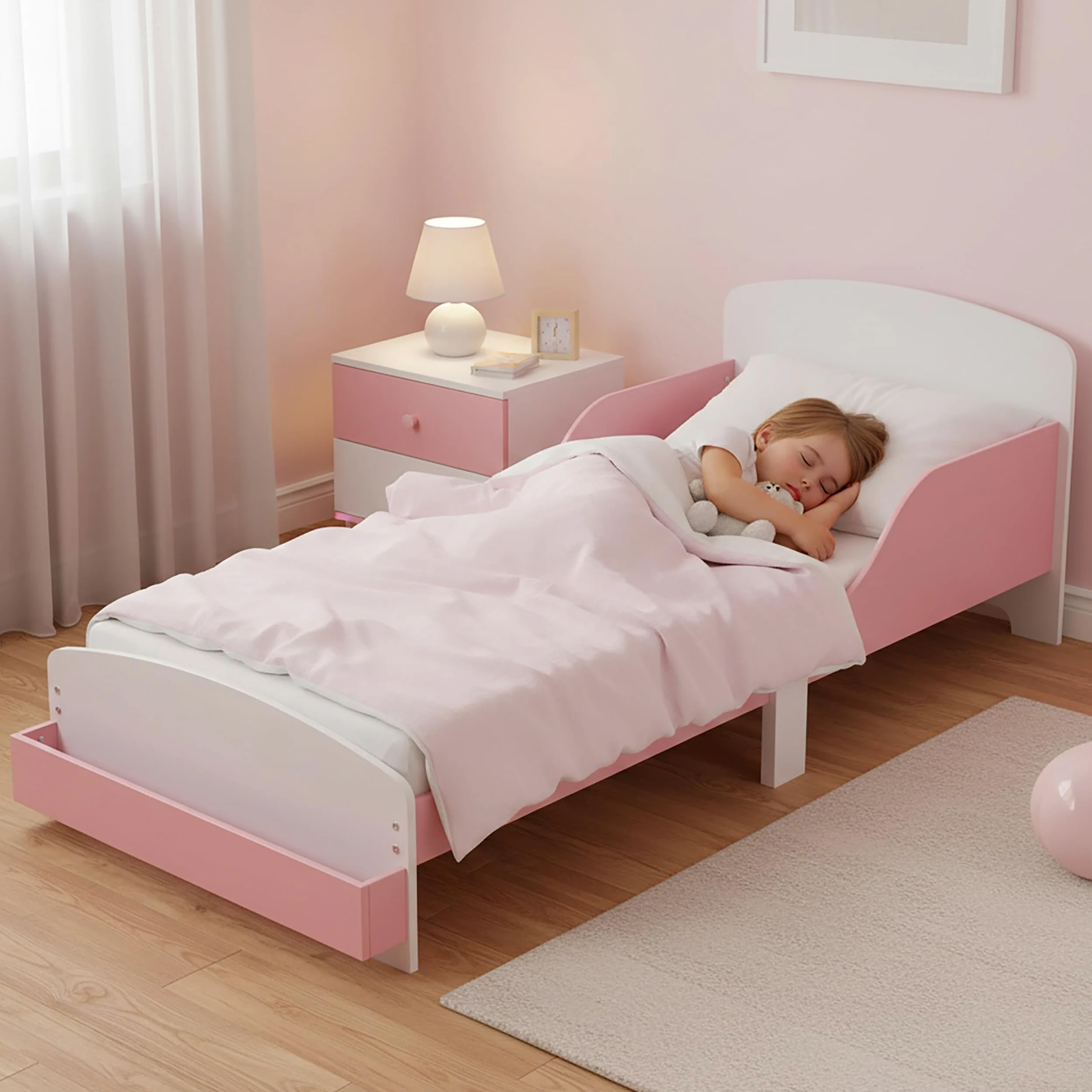 Relaxdays Kinderbett, 70x140 cm, Kleinkindbett mit Rausfallschutz, Lattenrost, Ablage, Kinderzimmer Bett, MDF, rosa/weiß