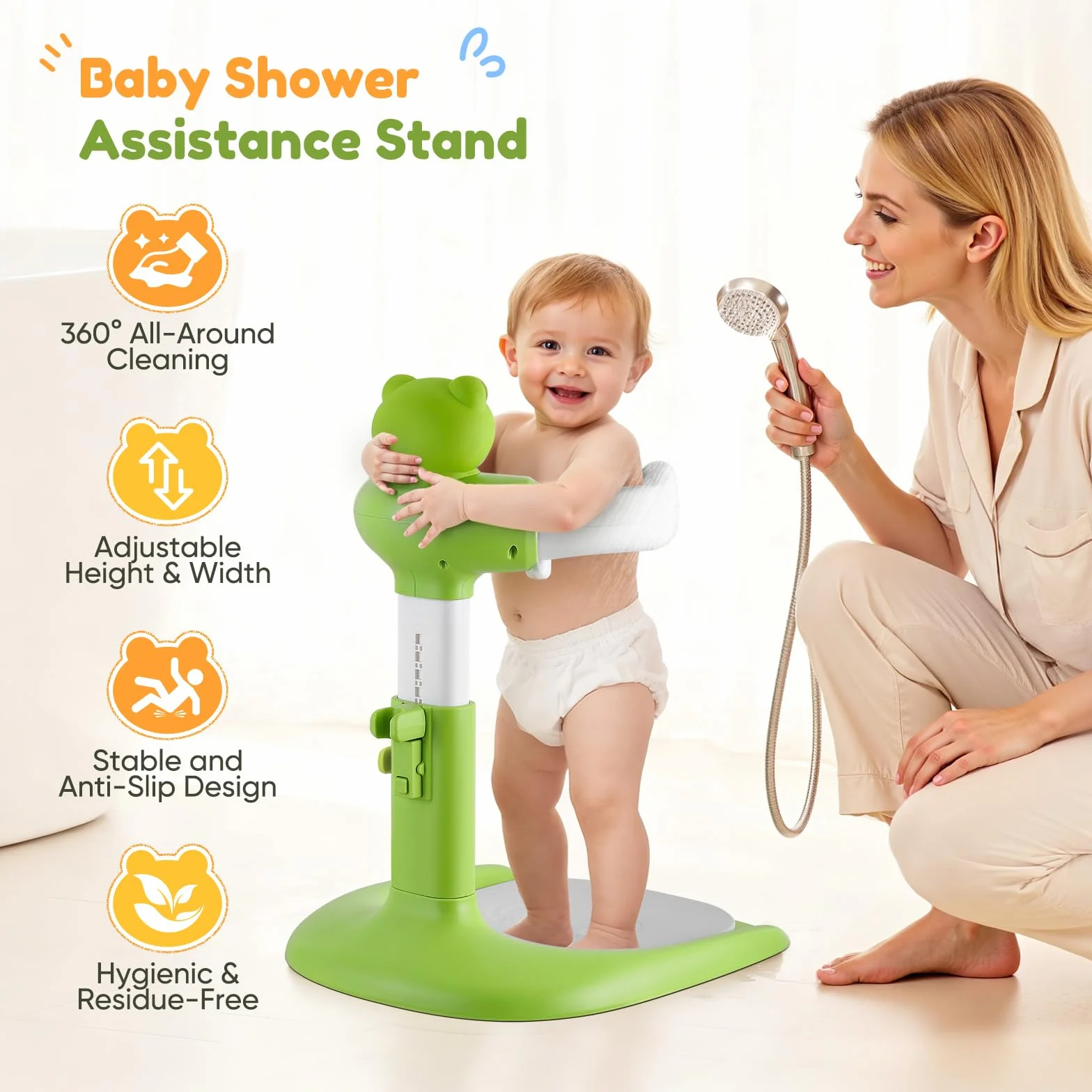 Baby Dusche Ständer mit Duschhalter, Baby Shower Stand Support, Frosch | Höhenverstellbar, Rutschfeste Basis, BPA-frei, Ideal zum Baden, Wickeln & Umkleiden, Für Kinder 6-36 Monate