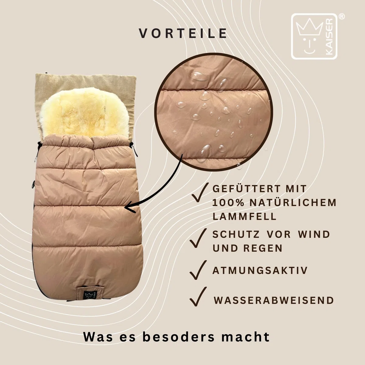 SHEEP Thermo Fußsack mit Lammfelleinlage, 100x45cm, Universal Kinderwagen, Wasserabweisend, Reflektorstreifen (sand)