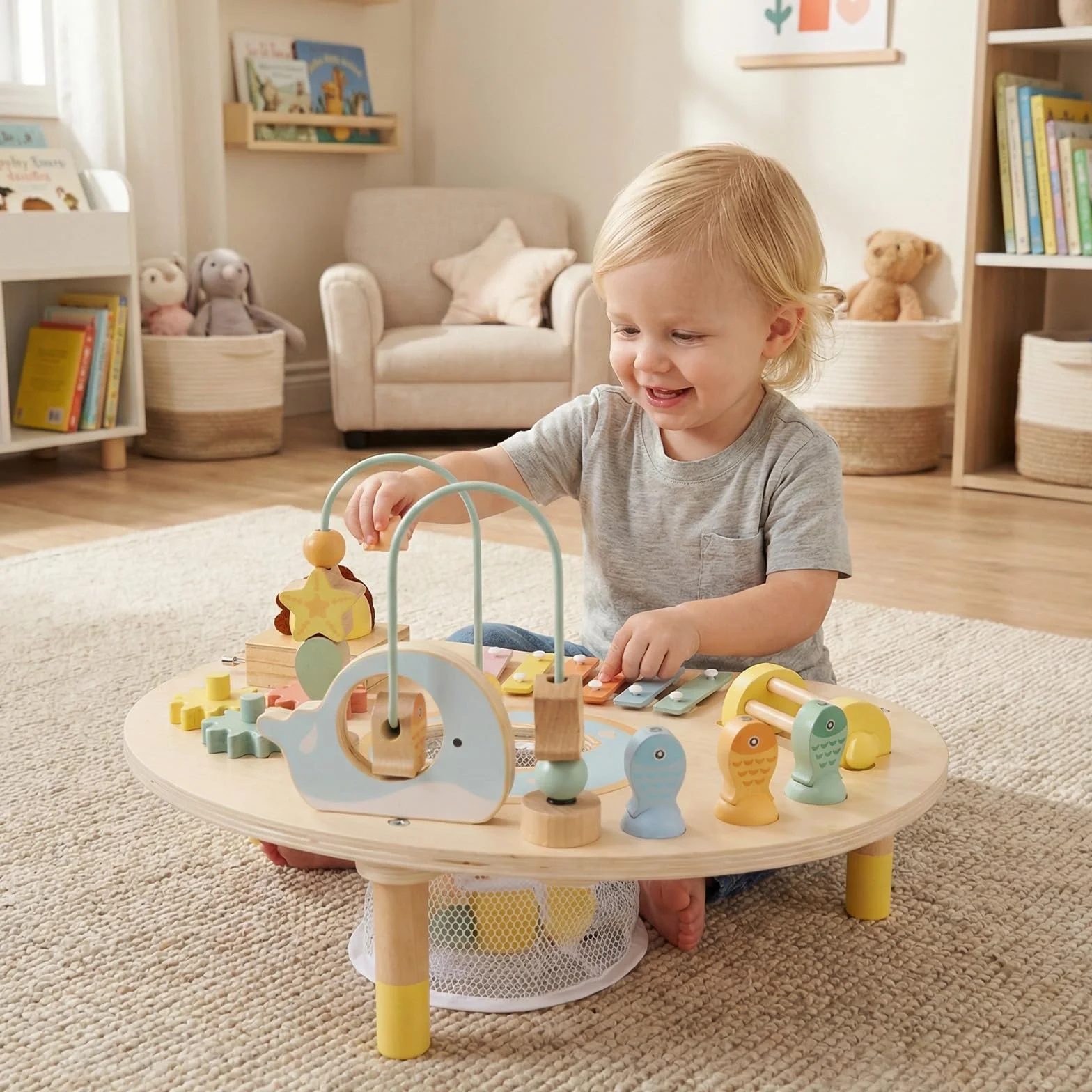 COSTWAY Aktivitätstisch Holz, Baby Montessori Spieltisch mit Motorikschleifen, Angelspiel, Xylophon, Spieluhr, Formensortierer, Motoriktisch Lernspielzeug für Kinder ab 1 Jahr