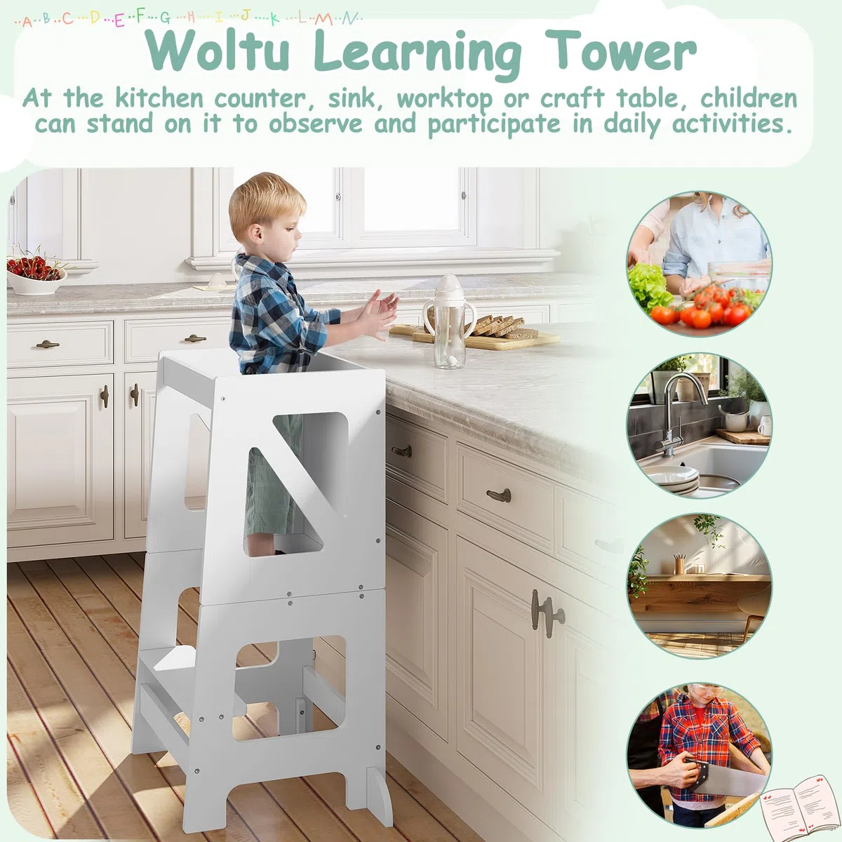 WOLTU Lernturm 3 in 1, Tritthocker Kinderhocker Kindertisch Tafel, Lernturm für Kinder, Küchenhelfer mit Rausfallschutz, faltbar, ab 3 Jahr, Weiß
