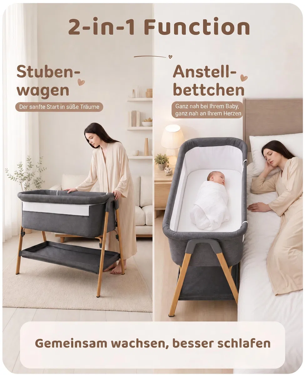 UBRAVOO Beistellbett Baby 2-in-1, Babybett & Baby Wiege für Neugeborene – mit Aufbewahrungskorb & Weicher Matratze (Grau)
