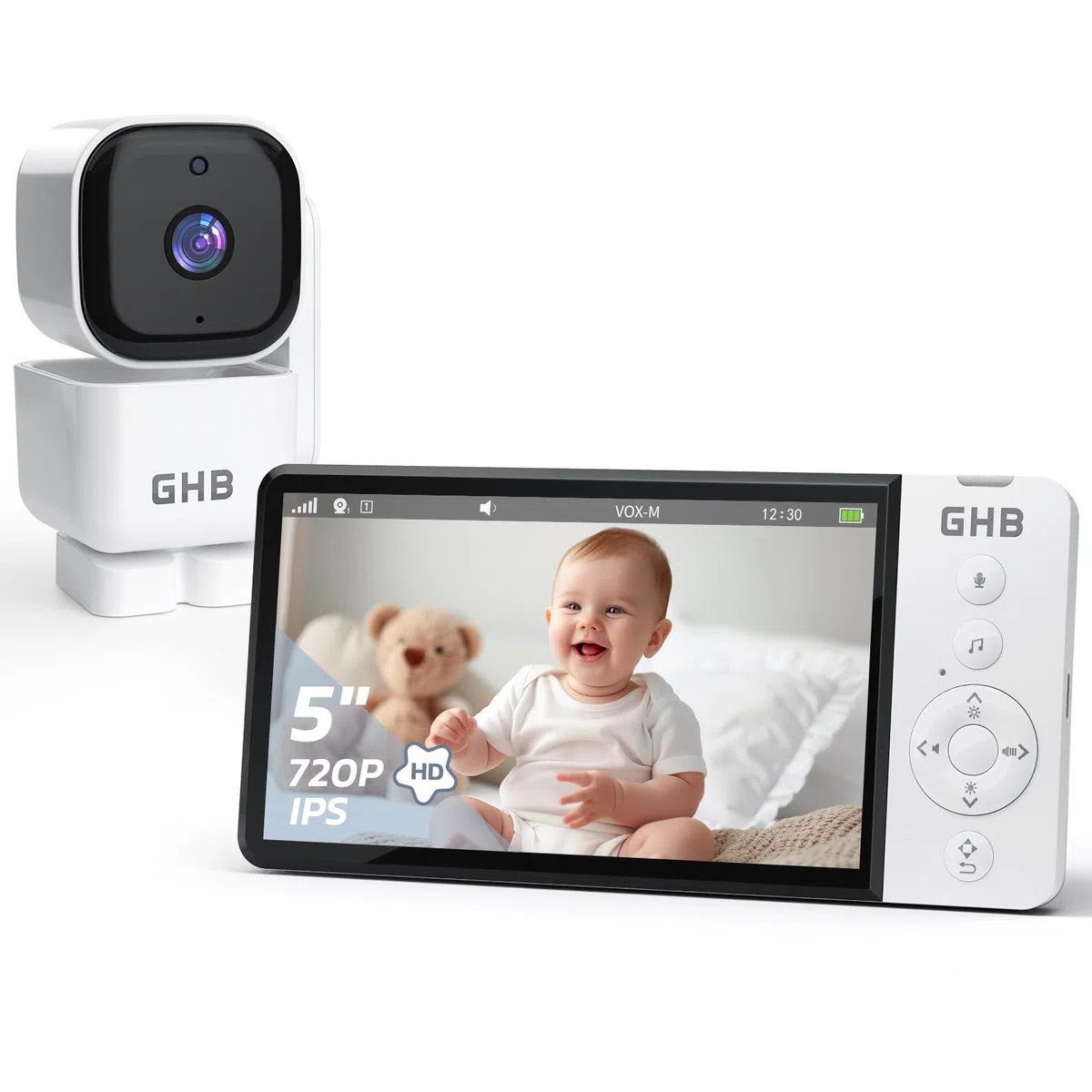 GHB Babyphone mit Kamera 5 Zoll IPS-Display 350° Rotation 5000 mAh VOX 4-Fach-Zoom Nachtsicht Raumtemperatur-Anzeige Zwei-Wege-Audio 720
