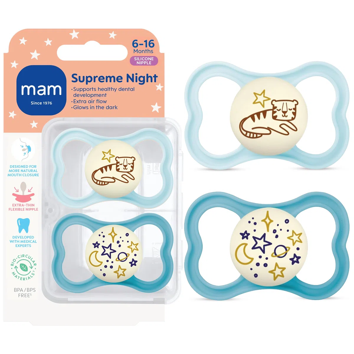 MAM Supreme Night Patentierte Brustwarzen, 6-16 Monate, für empfindliche Haut, 2 Stück