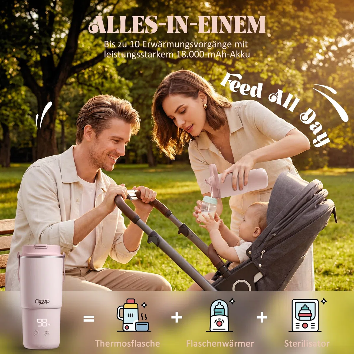 Tragbarer Flaschenwärmer Baby für unterwegs, 120W Schnellaufheizen in 2 Min, Dampfsterilisation, Weite Öffnung – einfache Reinigung, 8 Heizstufen für Muttermilch/Formula/Wasser, 18000mAh Akku