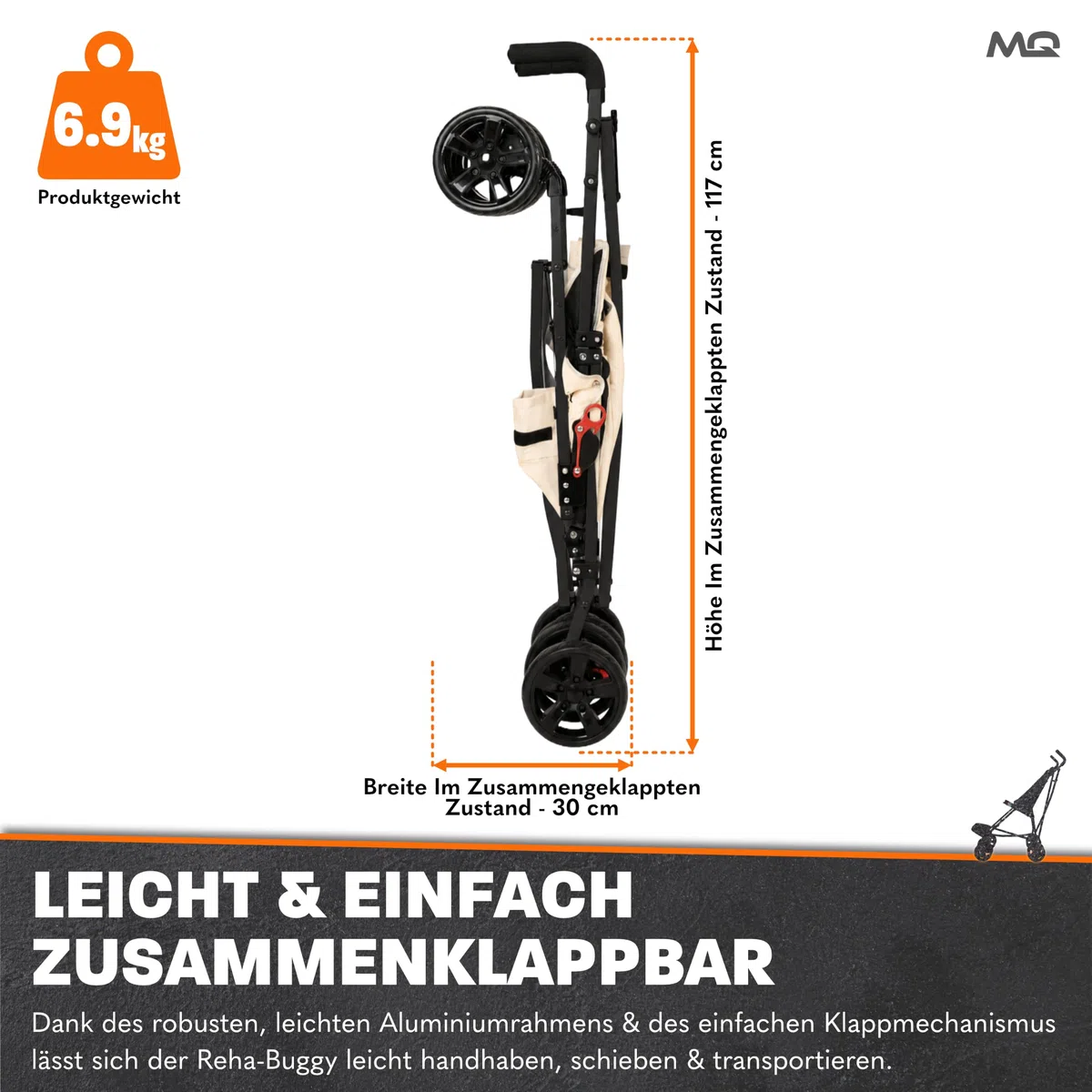 MobiQuip XL Reha-Buggy bis 50 kg Rehabilitations-Kinderwagen für Kinder mit besonderen Bedürfnissen Leichter, faltbarer Aluminiumrahmen Verstellbare Fußstütze 5-Punkt Sicherheitsgurt Sand