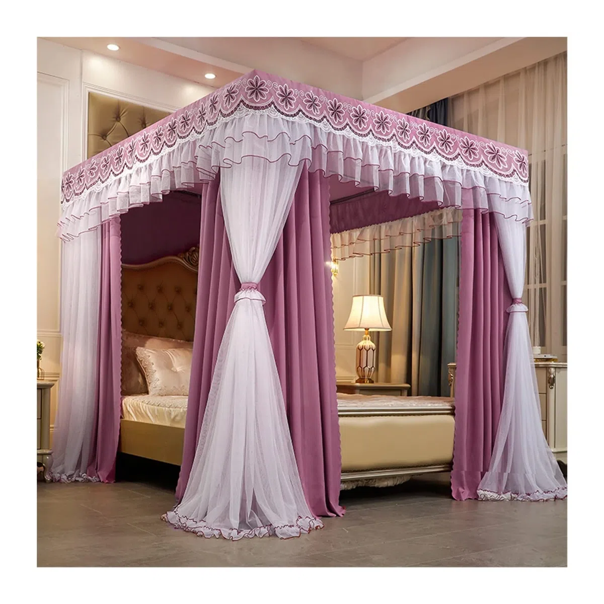 Luxuriöses Moskitonetz mit Himmel für Bett, Schlafzimmerdekoration, Prinzessinnen-Bettvorhang, 4 Stangen (Größe: 180 x 220 x 200 cm)