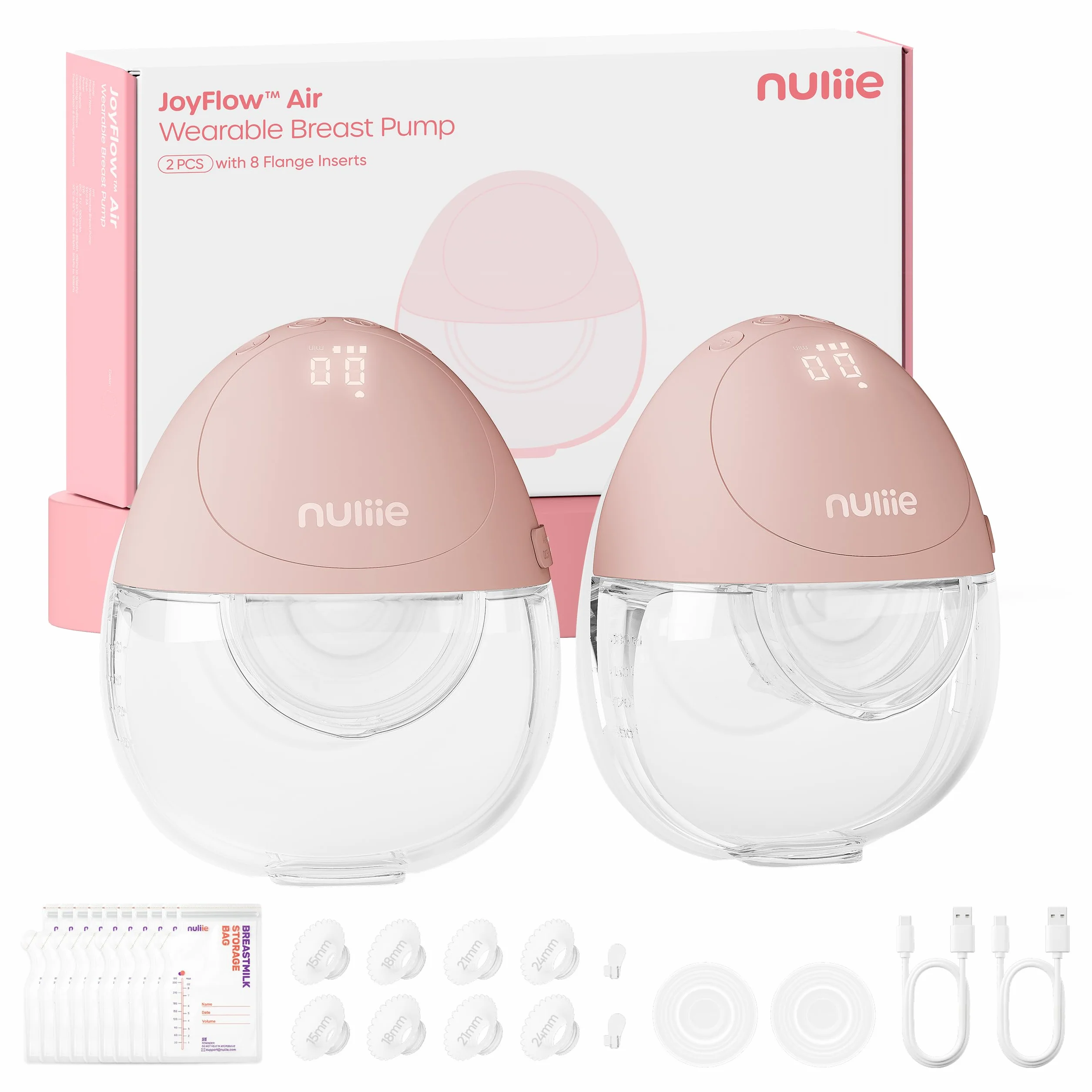 Nuliie JoyFlow Air Milchpumpe Elektrisch Freihändig, schlank & kompakt für effizientes Abpumpen, tragbare Milchpumpe mit 3 Modi & 12 Stufen, 27 mm Flansch mit 15/18/21/24 mm Einsätzen (2 Packs, Rosa)