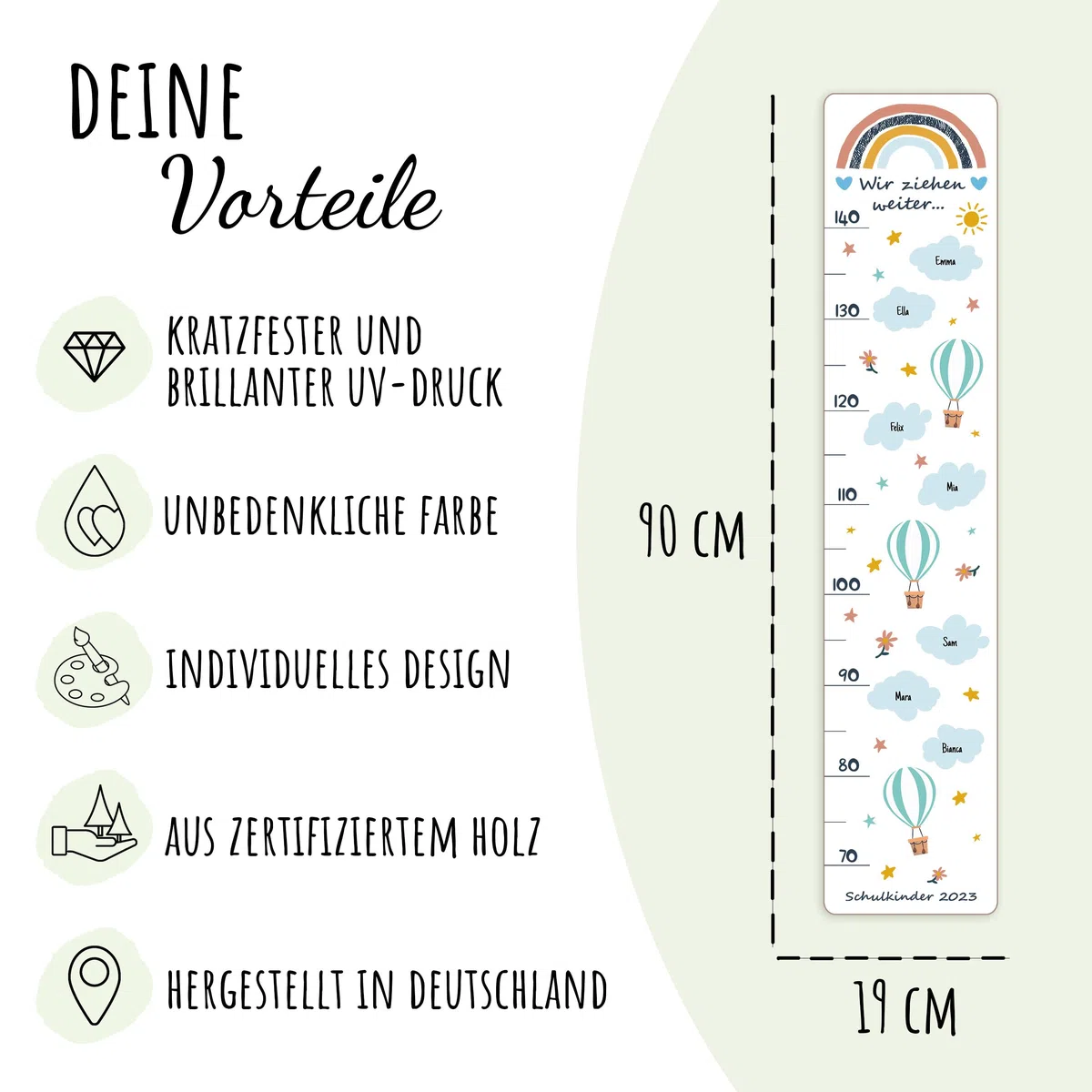 Holzura Messlatte aus Holz Personalisierbar mit Kindernamen, Wolken Design, Abschiedsgeschenk für Erzieher