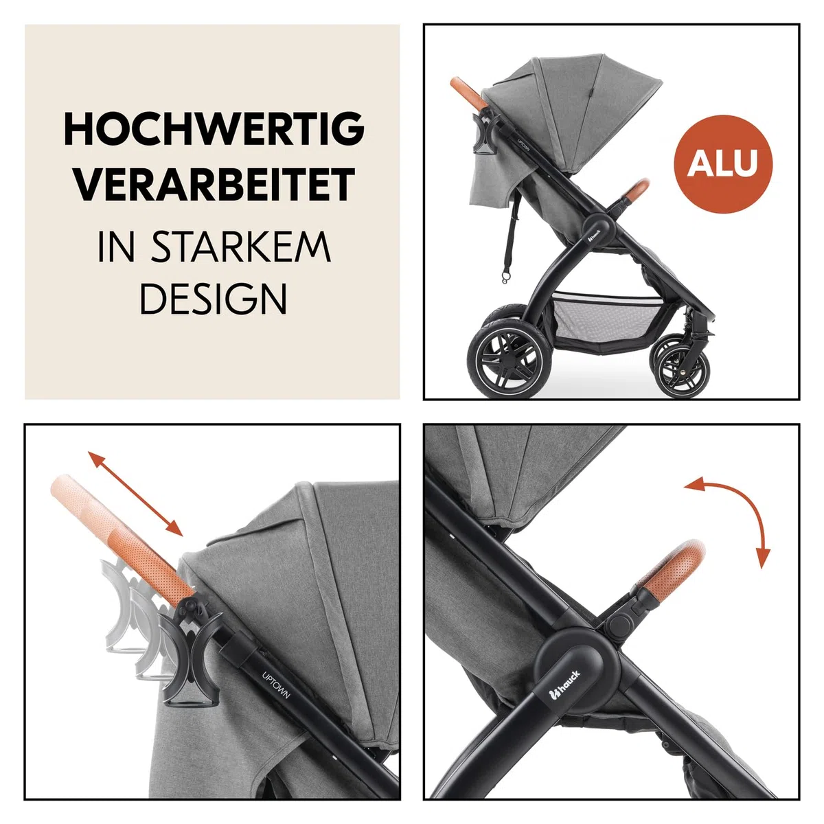 hauck Uptown, Melange Grey - Kinderbuggy mit Liegeposition ab Geburt, Breiter Sitz bis 22 kg, Getränkehalter, Gummiräder, Federung, UV Schutz 50+, Faltbar, Höhenverstellbar, Großer Korb