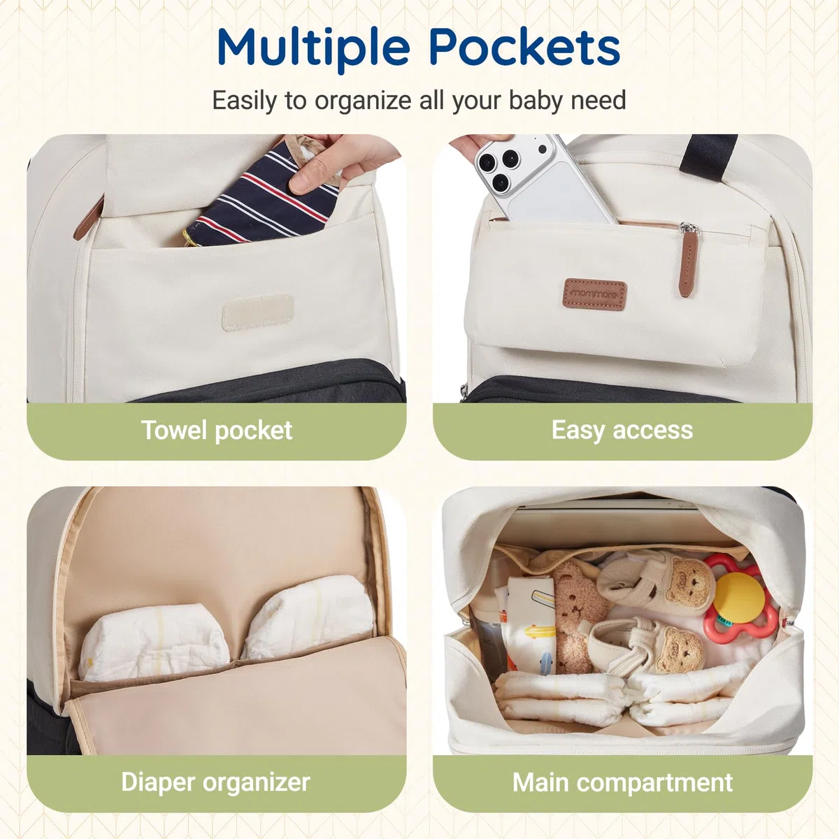 mommore Wickelrucksack Große, Wickeltasche mit Wickelunterlage Diaper Bag Strapazierfähige Babytasche mit Kinderwagengurten, Wasserabweisender Reise Wickelrucksack für Mama und Papa, Kamel