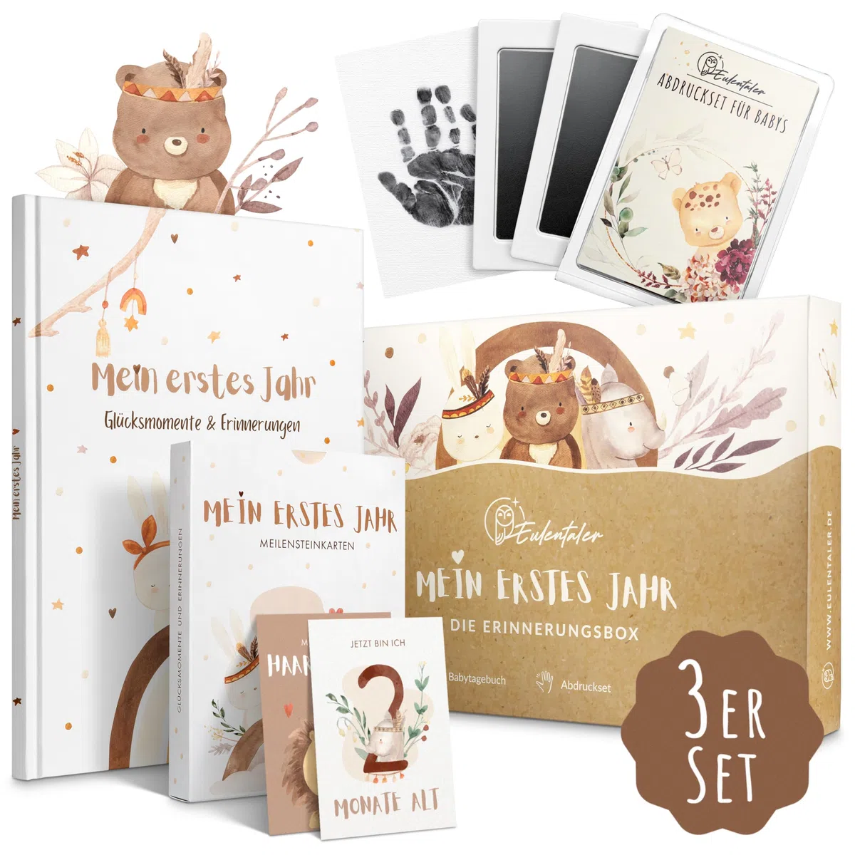 EULENTALER® 3in1 Babyalbum Set: Babytagebuch „Mein erstes Jahr“ + Meilensteinkarten + Abdruckset + Box - Geschenk zur Geburt für Junge & Mädchen