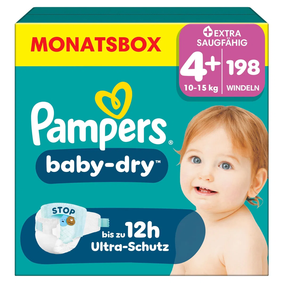 Pampers Baby-Dry Größe 4 plus, 198 Windeln, 10kg-15kg, Bis zu 100 Prozent Auslaufschutz und Komfort die ganze Nacht