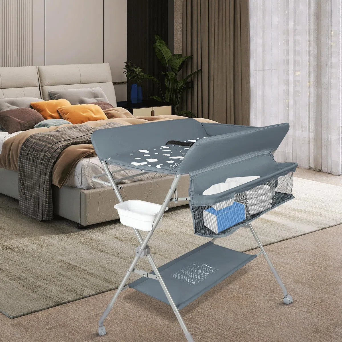 homewell Wickeltisch, Baby Wickelkombi Faltbar Tragbar, Höhenverstellbar, Klappbare Wickelkommode mit Aufbewahrungskorb und 4 Rollen, Platzsparend & Stabil (Dunkelgrau)