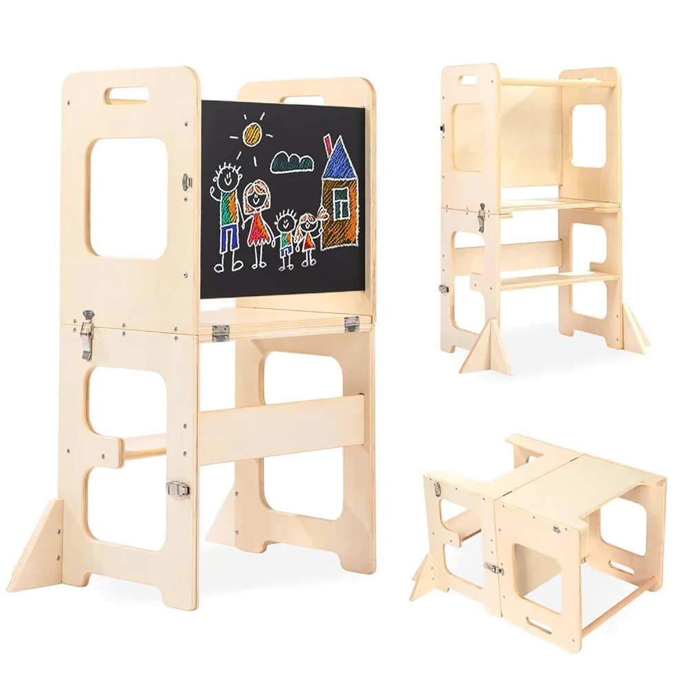 Labebe Lernturm für Kinder, Faltbarer Montessori Learning Tower, 3 in 1 Tritthocker Lernstuhl Kinderhocker mit Tafel, Montessori Küchenhelfer Lernturm ab 18 Monate (Holz)