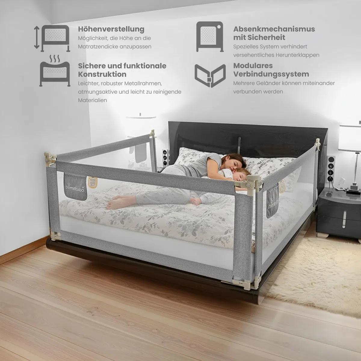 Primabobo Bettschutzgitter 160 cm – Rausfallschutz Kinderbett, höhenverstellbar, extra stabil (1.1 mm Stahl), klappbar & kindersicher, Bettgitter für Kleinkinder – Hellgrau