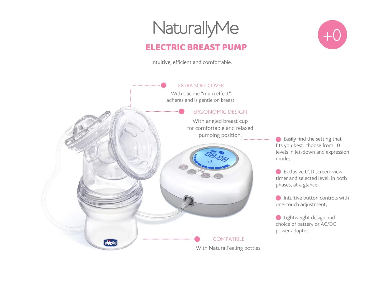 Chicco Naturally Me Elektrische Milchpumpe mit Stimulations- und Zugmodi, 10 Intensitätsstufen, ergonomische Form, mit geneigtem Sauger und luftdichtem Deckel, 150 ml