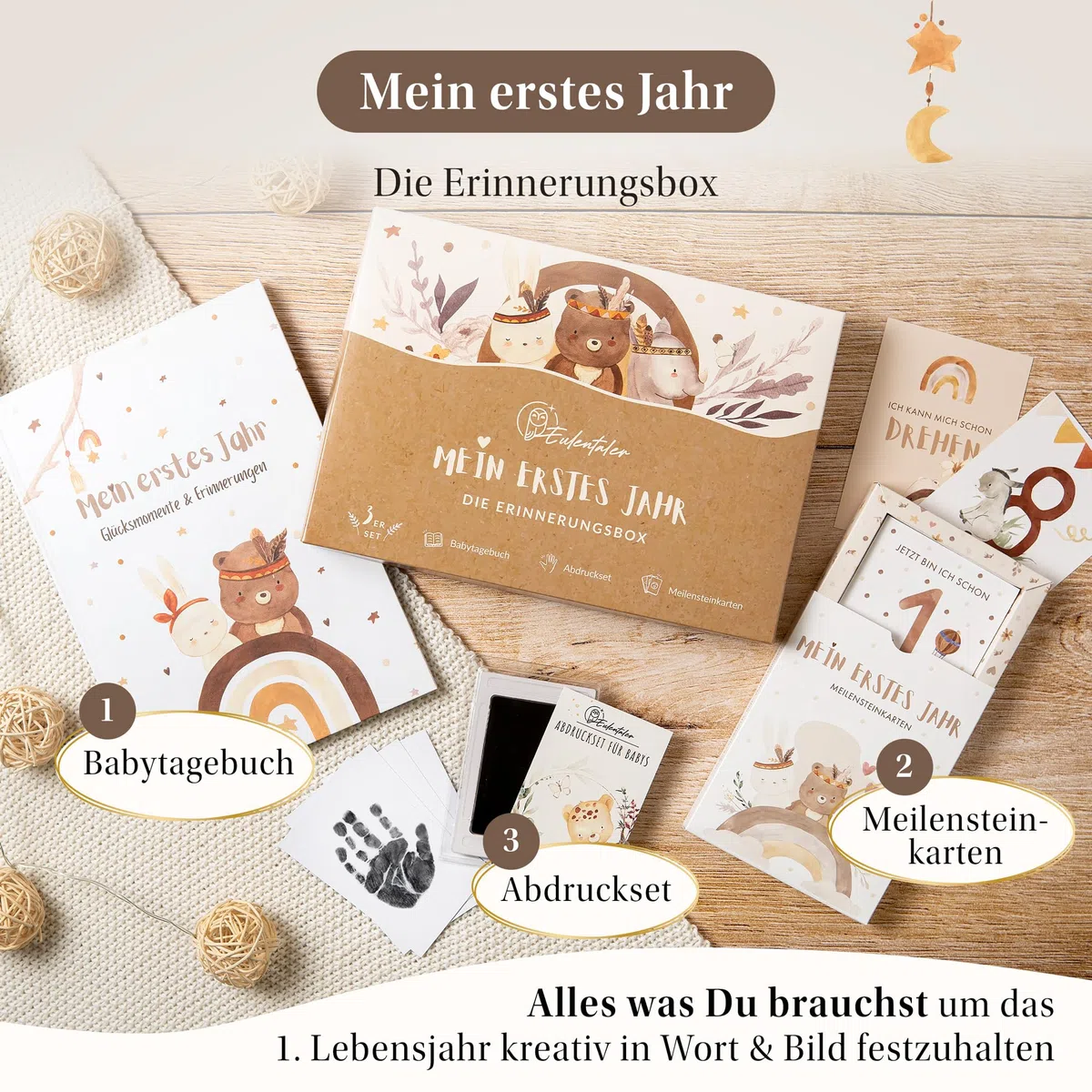 EULENTALER® 3in1 Babyalbum Set: Babytagebuch „Mein erstes Jahr“ + Meilensteinkarten + Abdruckset + Box - Geschenk zur Geburt für Junge & Mädchen