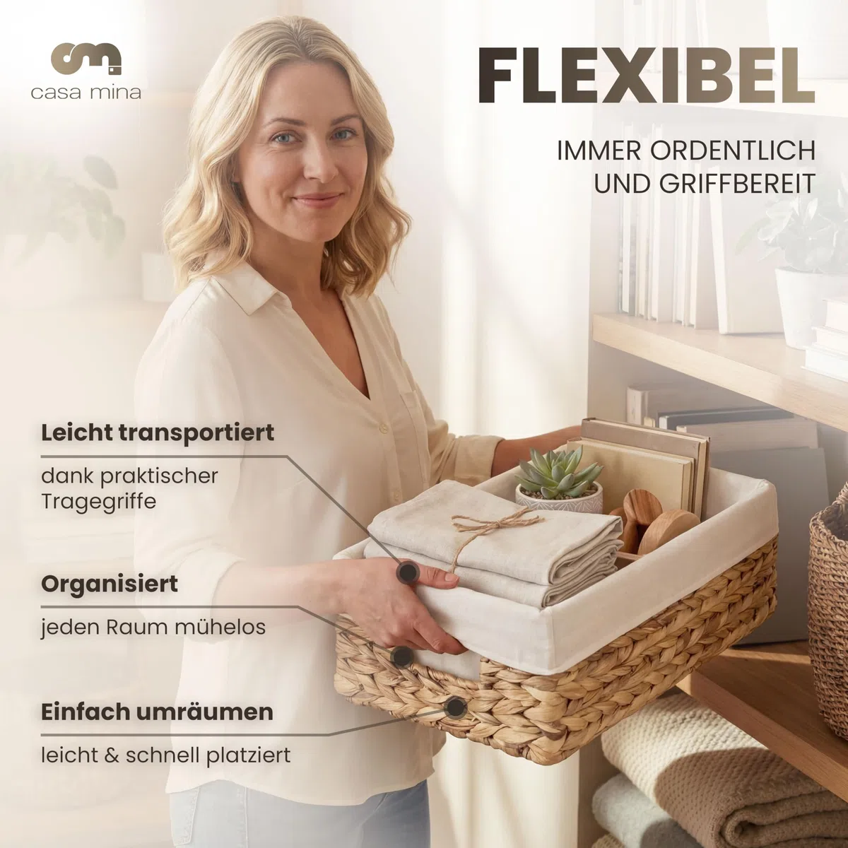 Casa Mina Korb Aufbewahrung L44xW30xH16cm 100% natürlich aus Wasserhyazinthe I Dekorative Körbe Aufbewahrung für jeden Raum I Aufbewahrungskorb mit robustem Metallgestell