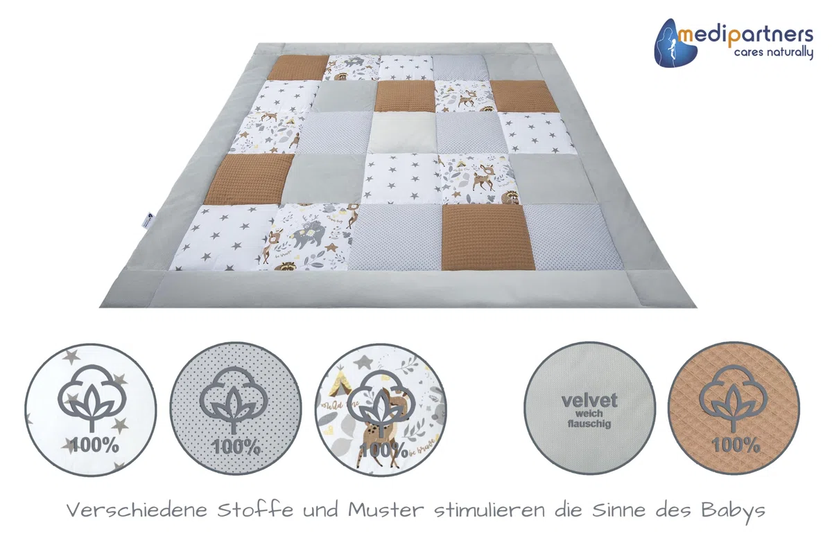 Medi Partners Krabbeldecke für Baby Spielmatte 100% Baumwolle Krabbelmatte - 120x120cm Krabbeldeck Dick Weich Decke Laufgittereinlage Babydecke Minky Waffel Spielbogen (REH)
