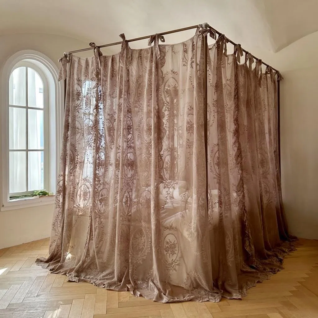 Elegante Spitze Prinzessin 4 Eckpfosten Moskitonetz Romantisch für Mädchen Frauen Bettvorhang Baldachin für Erwachsene Hochzeit Schlafzimmer Kinderzimmer Dekoration (Kaffee-2, Queen)