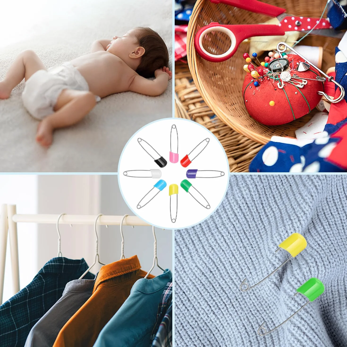 80 Stück Safety Pins, Bunte Windel Sicherheitsnadeln, 55 mm Windel Push-in Pins, Sicherheitssperre Edelstahl Kunststoff Kopf Sicherheitsnadeln, für Terry Quadrate, Flach und Prefold Windeln
