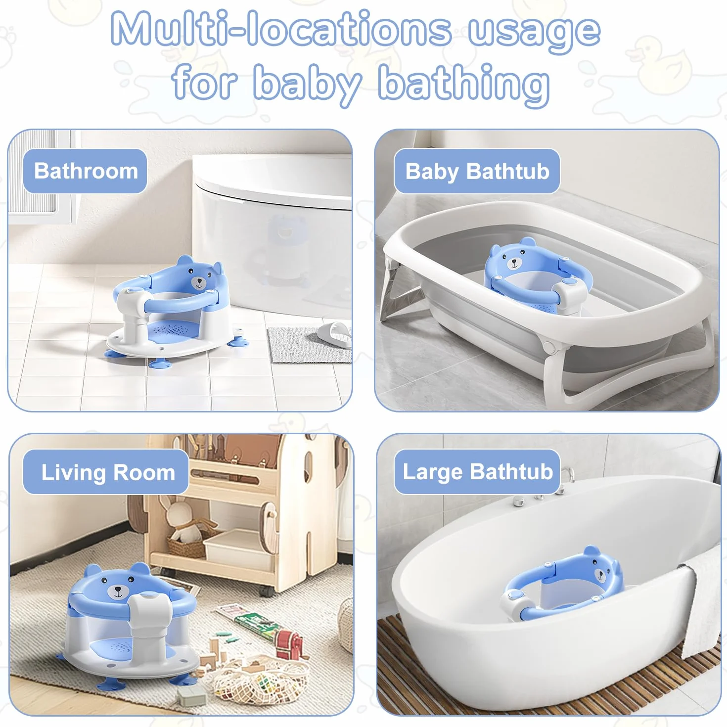 Badewannensitz Baby ab 6 Monate, Bär Rutschfester Badesitz Baby mit 4 Saugnäpfen und Kissen für Kleinkinder und Neugeborene, Sicherer Tragbarer Badstuhl für Dusche oder Badewanne, Blau