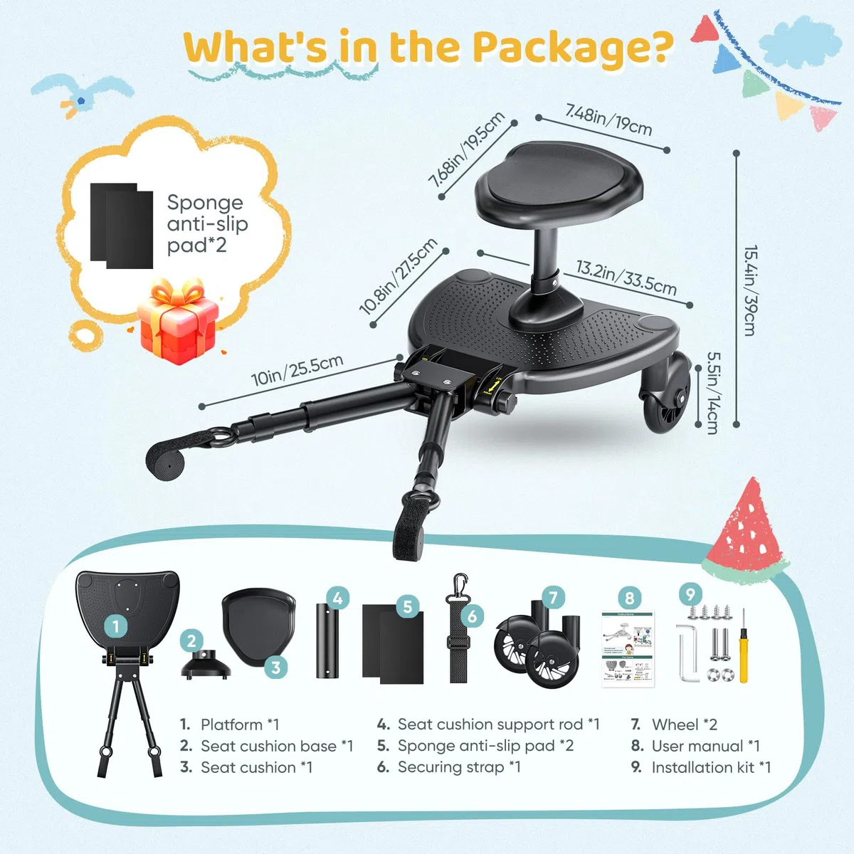 Buggy Board mit Großer Sitz, Trittbrett Für Knderwagen Universal, Buggy Board mit Sitz für Kinder von 2-6 Jahren, Bearing 25KG (Schwarz)