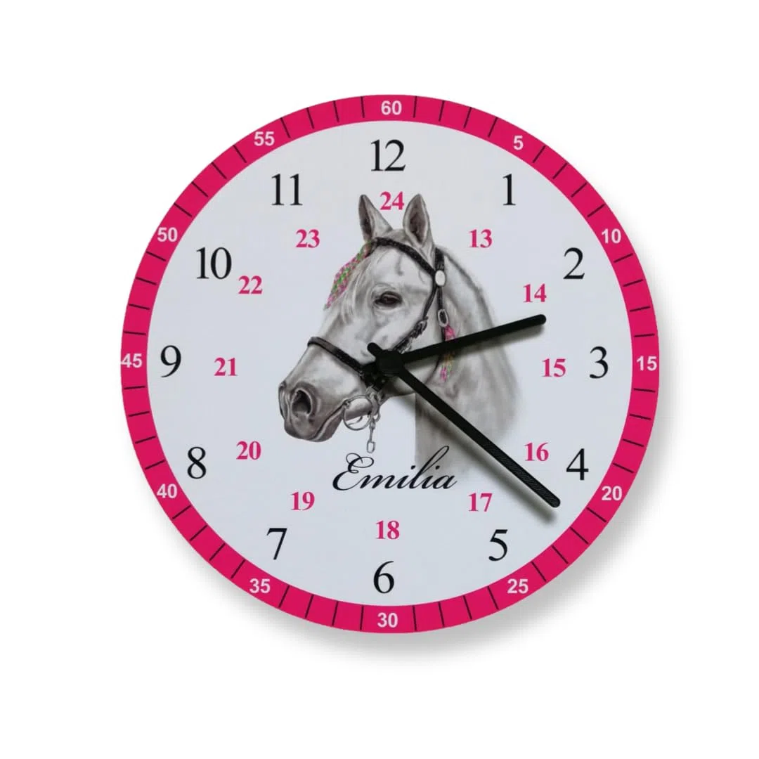 Kinderwanduhr Pferd Lernuhr Wanduhr mit Namen Kinder Deko Pink Kinderzimmer Uhr
