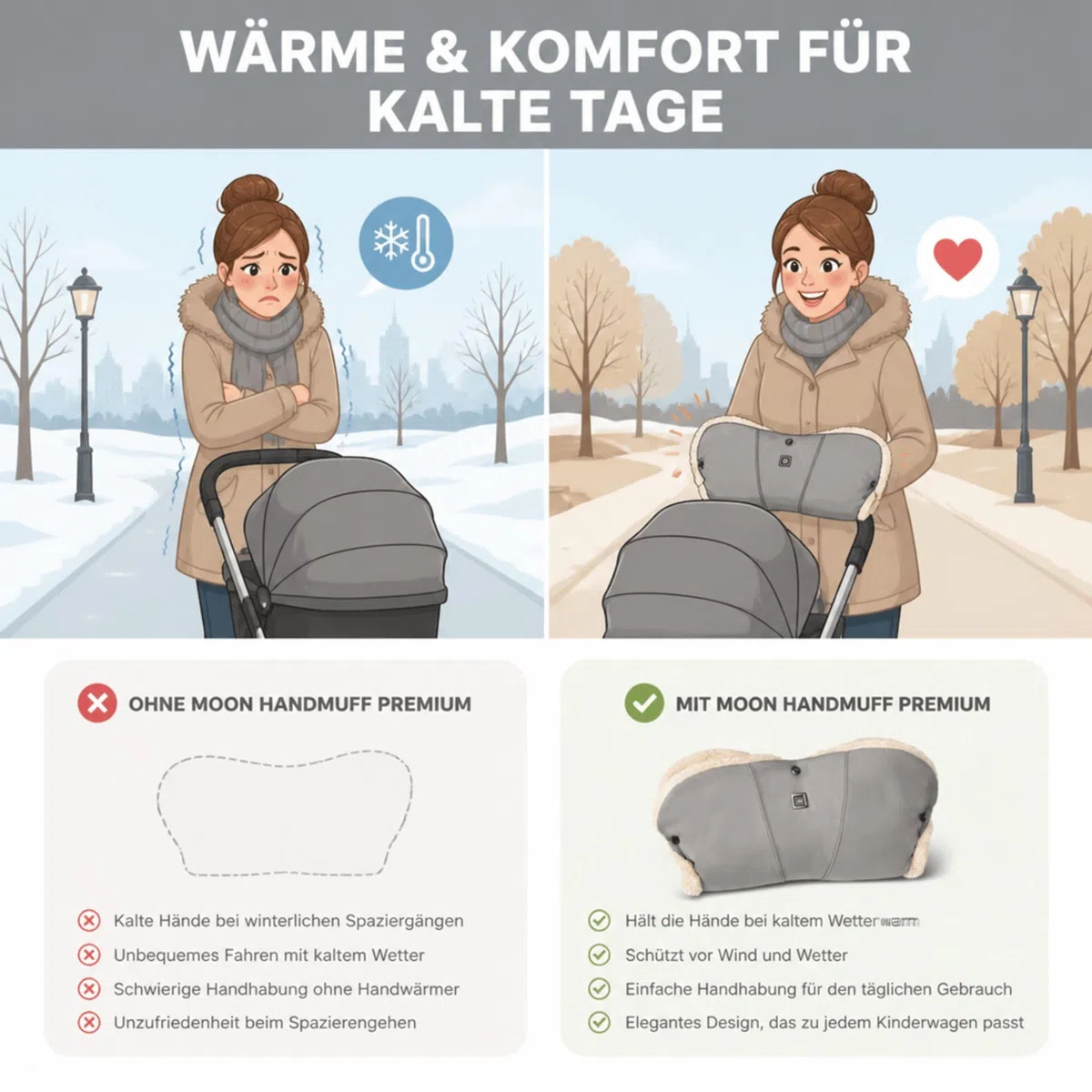 Moon Handmuff Premium & Windel Blaubaer | Passend für Kinderwagen & Buggy | Wasser- und windabweisender Handwärmer mit kuscheligem Innenfutter, | Handschuhe Ideal für kalte Tage | Einfach anzubringen