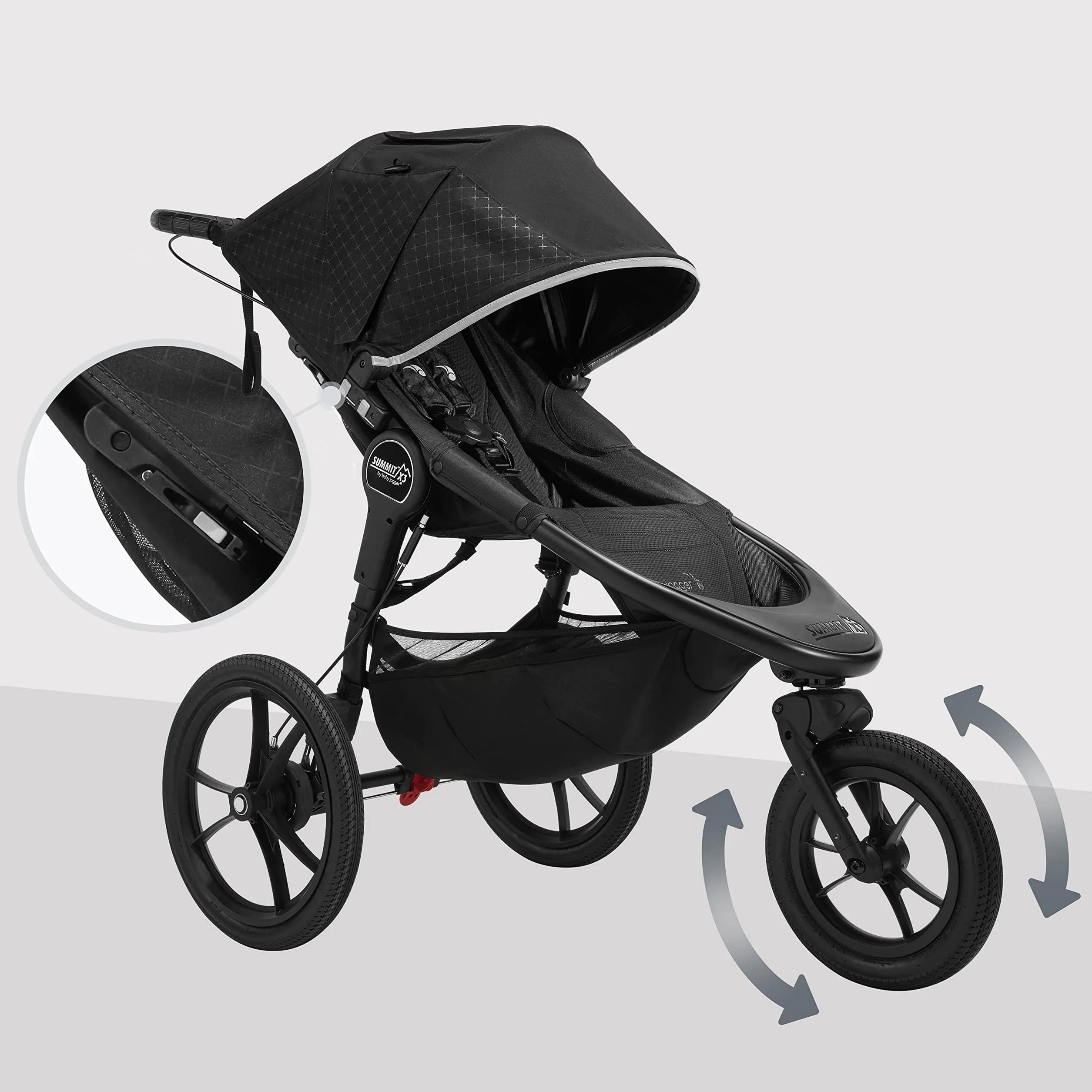 Baby Jogger Summit X3 Kinderwagen zum Joggen, zusammenklappbarer 3-Rad-Sportkinderwagen mit Handbremse, Midnight Black