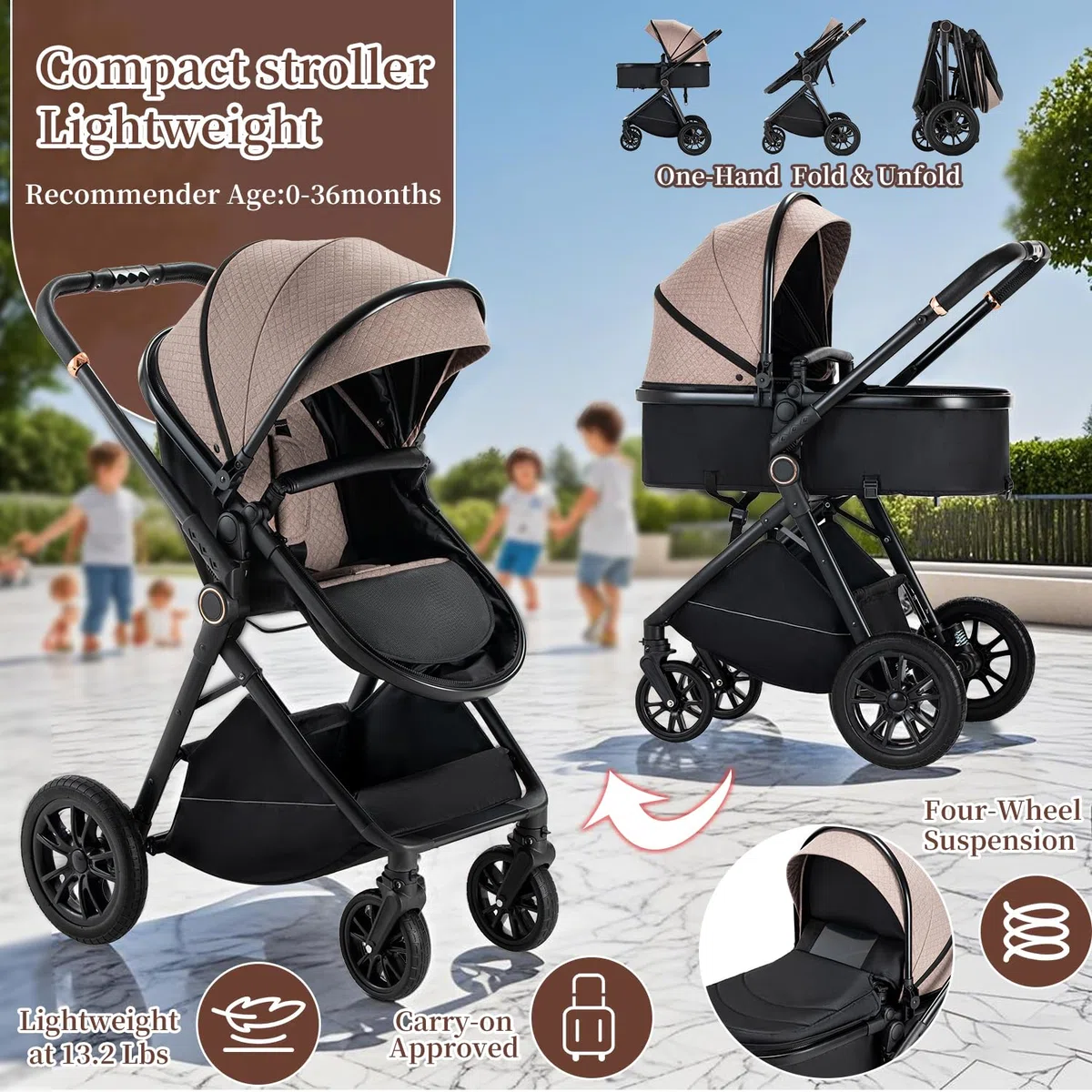 Kinderwagen 3 in 1, Zusammenklappbar kinderwagen Komplettset Becherhalter, Moskitonetz, Fußabdeckung Für Baby Erstausstattung Neugeborene(Khaki)