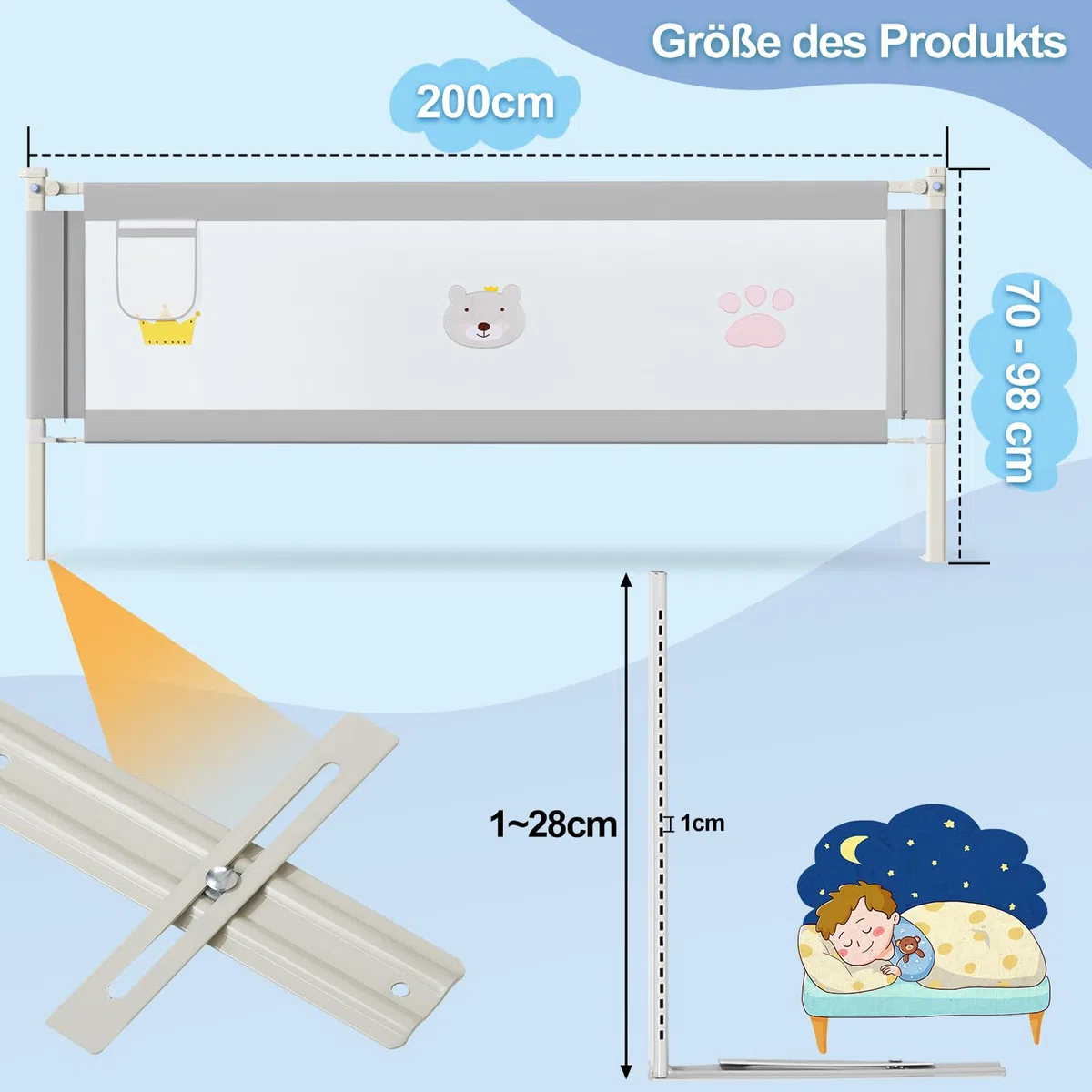 Bettgitter Rausfallschutz 2X 200cm+1X 180cm, Kinderbettgitter Höhenverstellbar 64-96cm, Bettschutzgitter für Kleinkinder, Babybettgitter mit Luftiges Netz -Grau