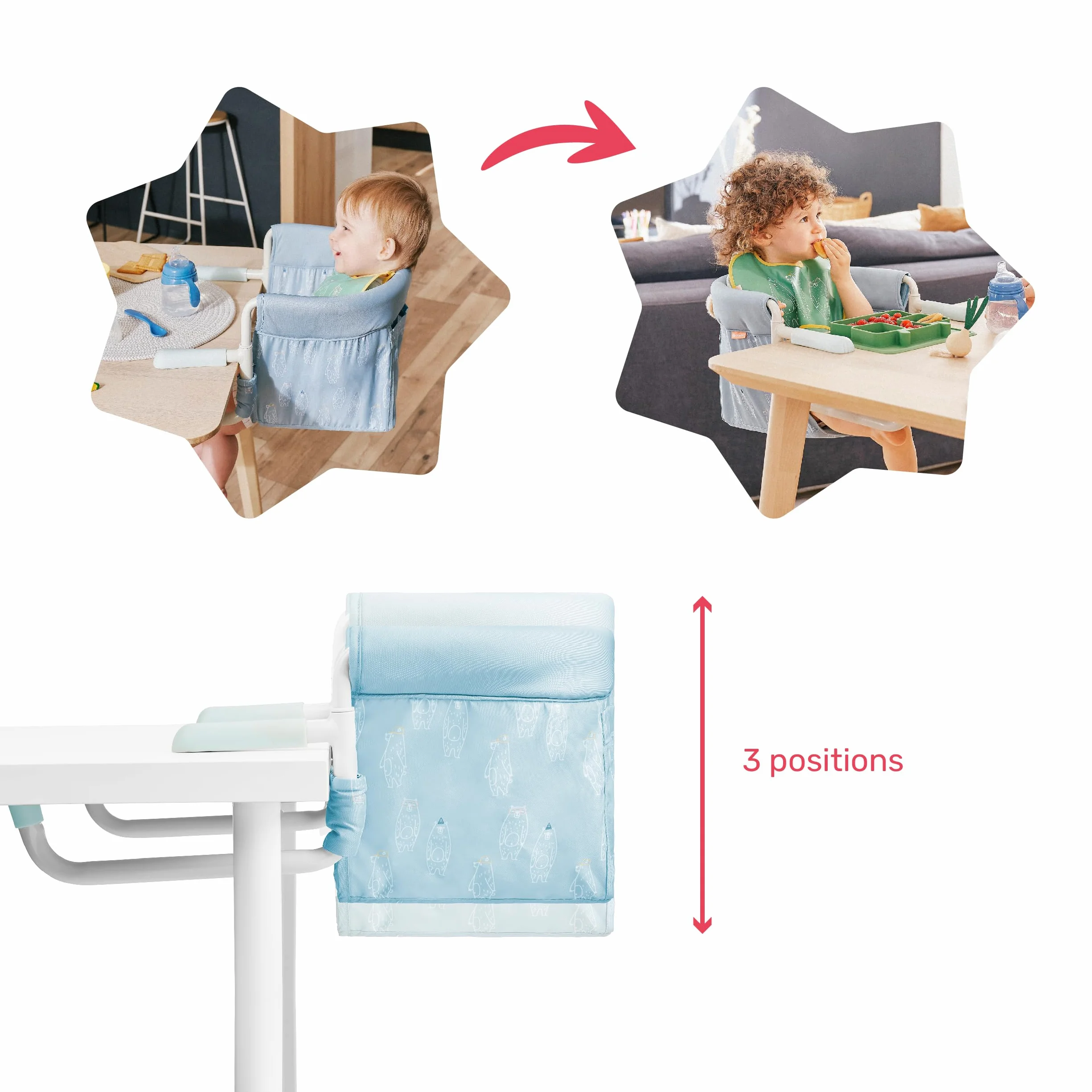 Badabulle Tischsitz - klappbarer Hochstuhl/ Babysitz für unterwegs, 3-Punkt-Gurt, bis zu 15kg