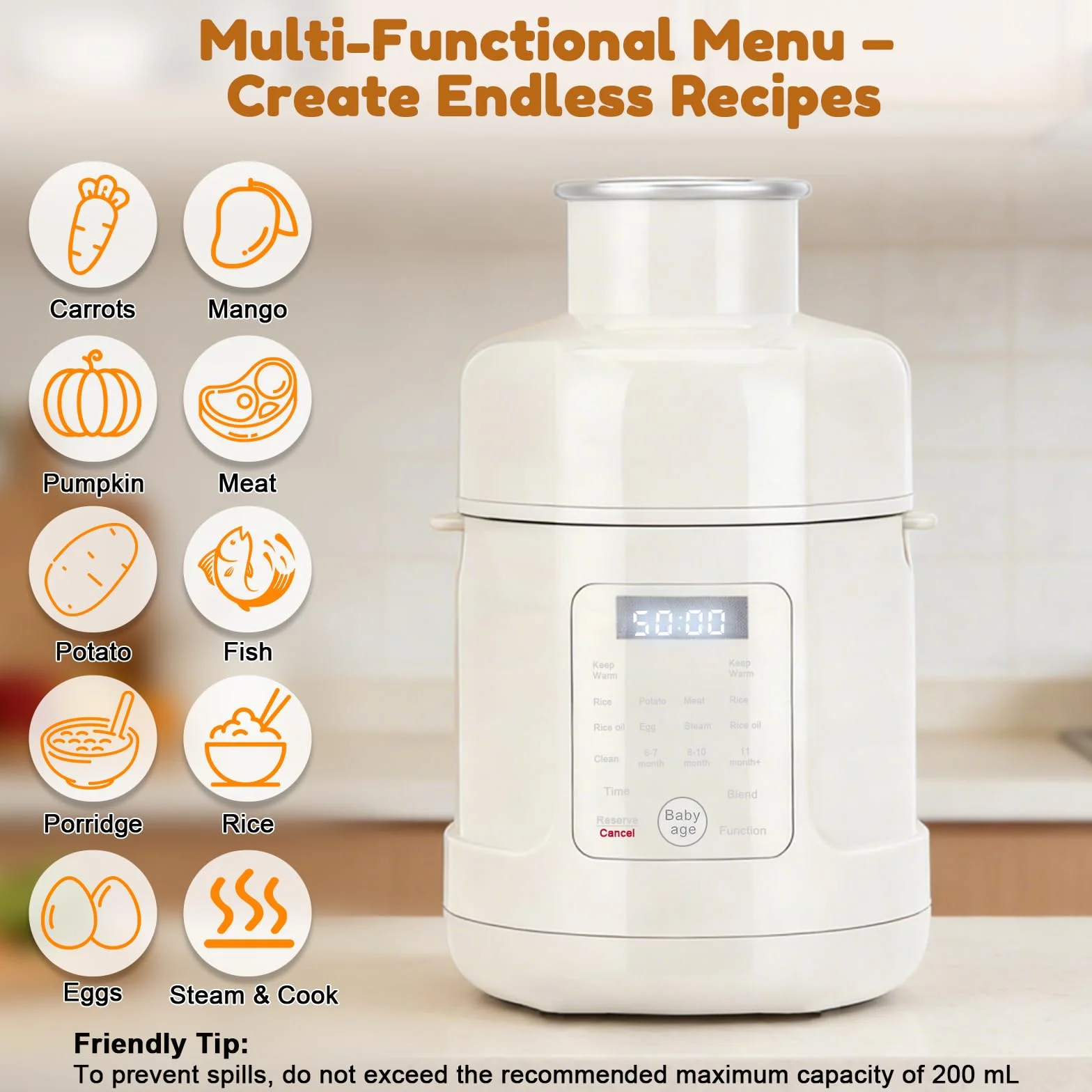 Babynahrungszubereiter 500 W – All-in-One-Gerät: Dampfgarer, Mixer, Wärmer & Timer für alle Entwicklungsstufen – Touchscreen, Automatikprogramme & Selbstreinigungsfunktion