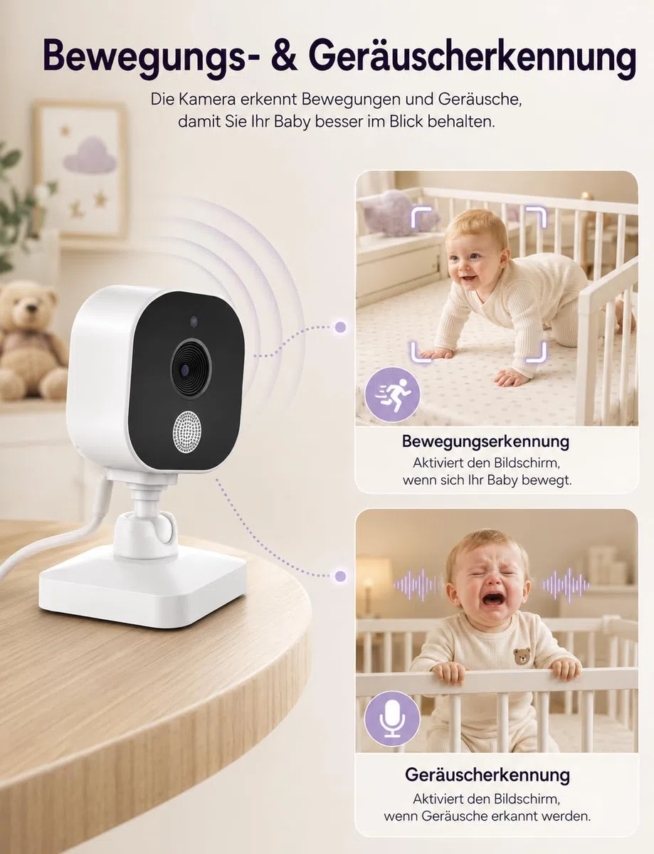 BURNNOVE Babyphone mit Kamera, Babyphone ohne WLAN, 96H VOX Akku, 720P IPS, Split Screen, Bewegungserkennung, Nachtsicht, 2-Wege-Audio, Temperaturüberwachung